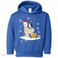 Penguins Lover Xmas Lighting Penguin Riding Llama Christmas Funny Gift Toddler Hoodie thumb 0