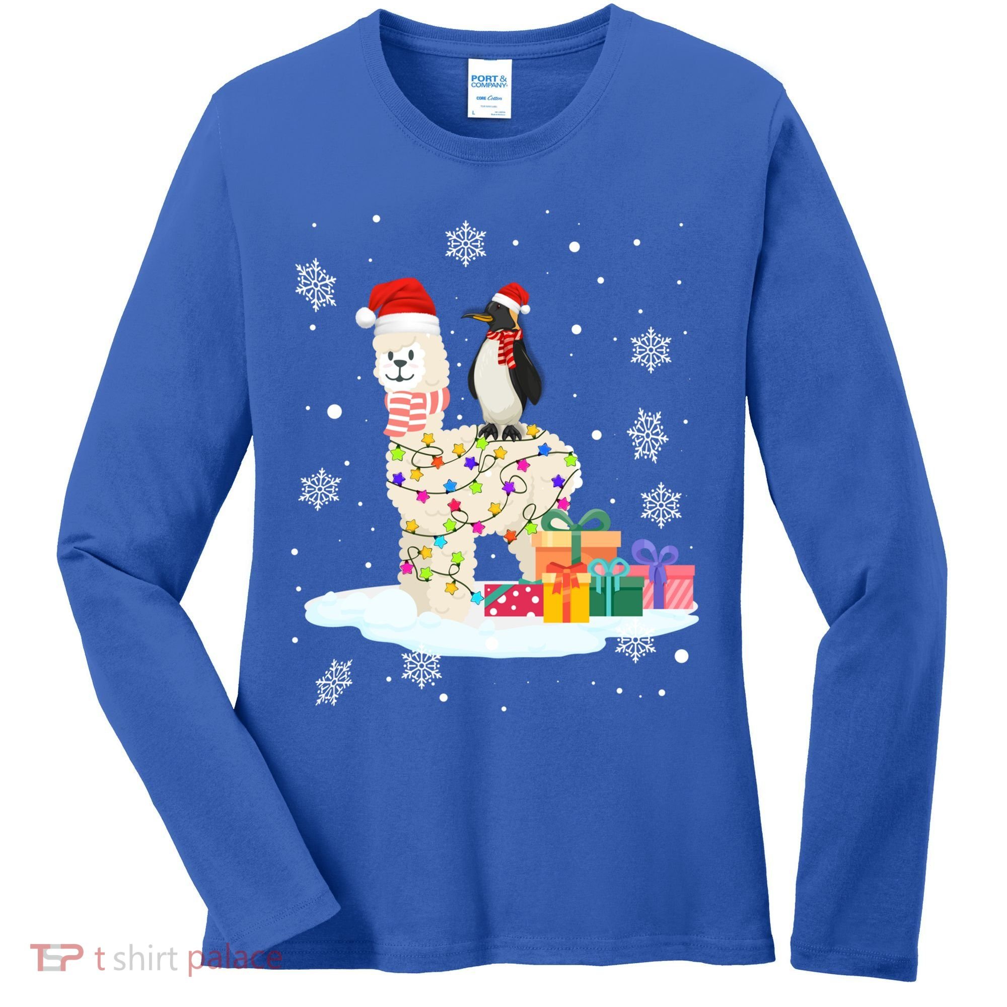Penguins Lover Xmas Lighting Penguin Riding Llama Christmas Funny Gift Women's Long Sleeve Shirt