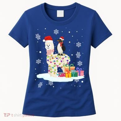 Penguins Lover Xmas Lighting Penguin Riding Llama Christmas Funny Gift Women's T-Shirt