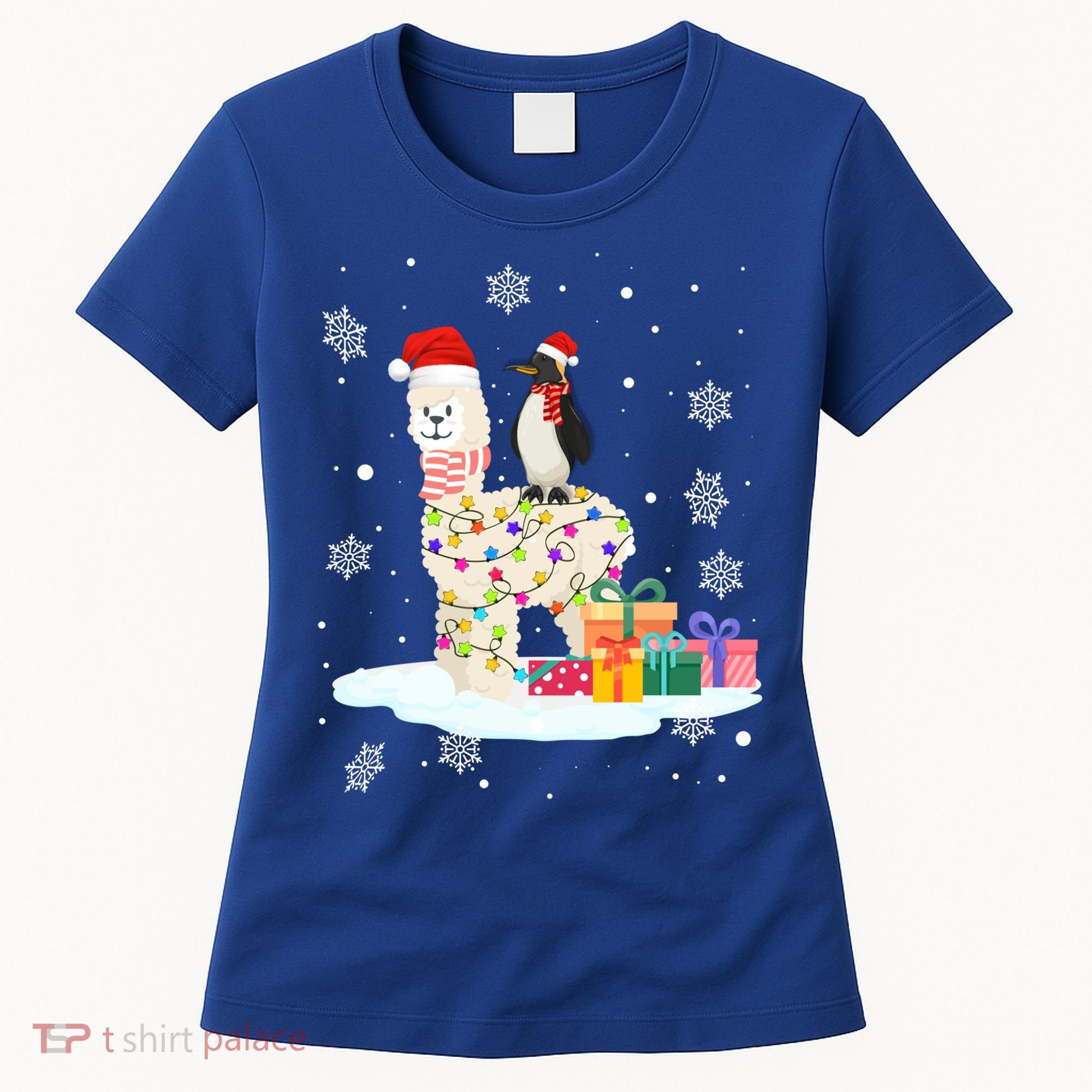 Penguins Lover Xmas Lighting Penguin Riding Llama Christmas Funny Gift Women's T-Shirt