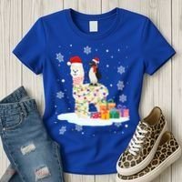 Penguins Lover Xmas Lighting Penguin Riding Llama Christmas Funny Gift Women's T-Shirt thumb 3