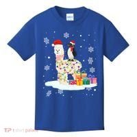 Penguins Lover Xmas Lighting Penguin Riding Llama Christmas Funny Gift Kids T-Shirt thumb 0