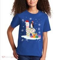 Penguins Lover Xmas Lighting Penguin Riding Llama Christmas Funny Gift Kids T-Shirt thumb 2
