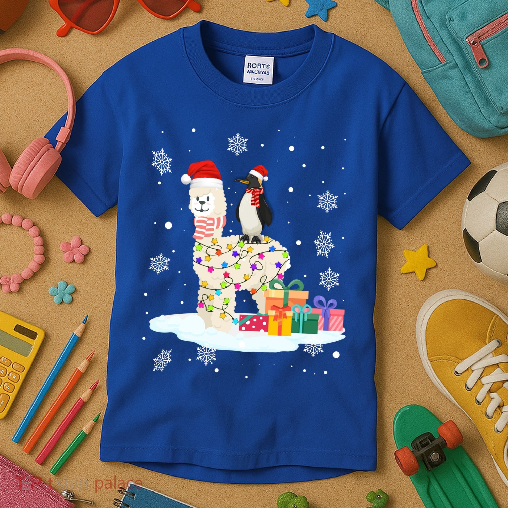 Penguins Lover Xmas Lighting Penguin Riding Llama Christmas Funny Gift Kids T-Shirt