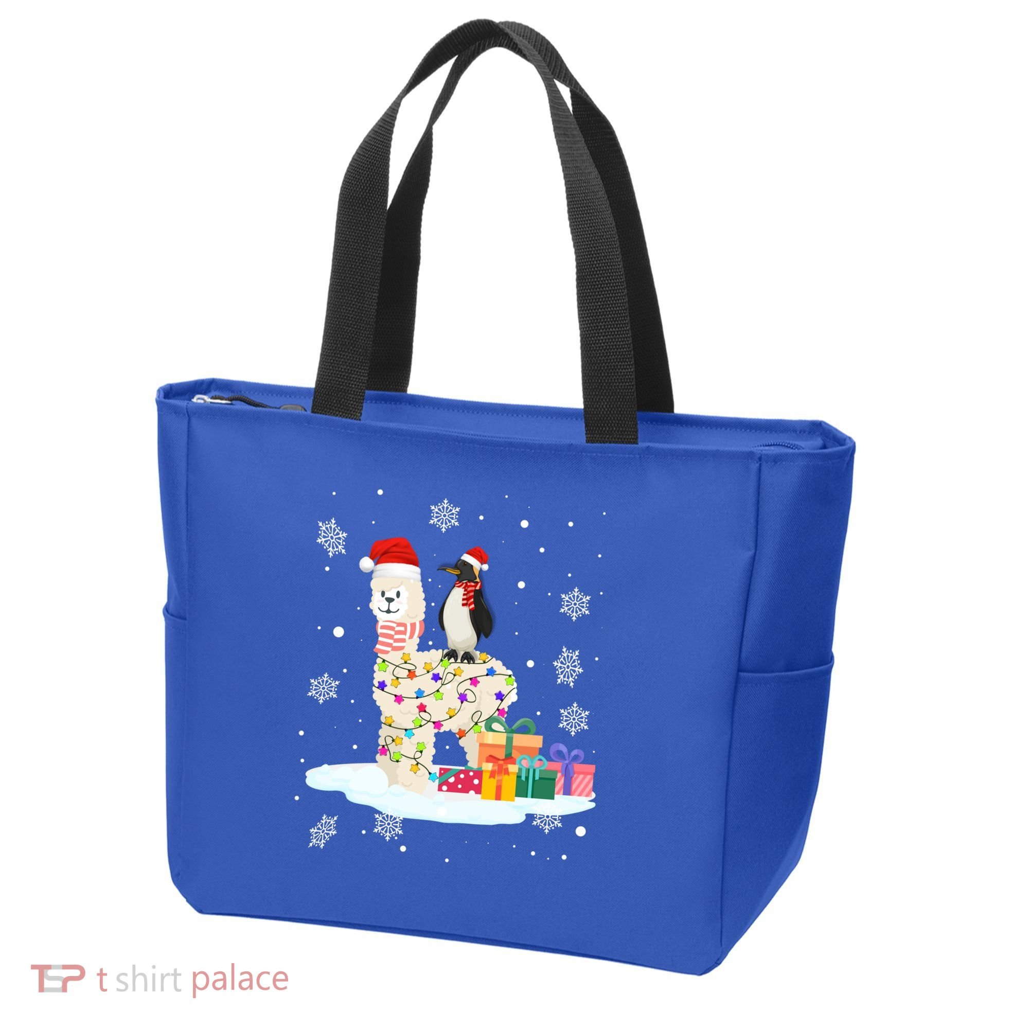 Penguins Lover Xmas Lighting Penguin Riding Llama Christmas Funny Gift Tote Bag