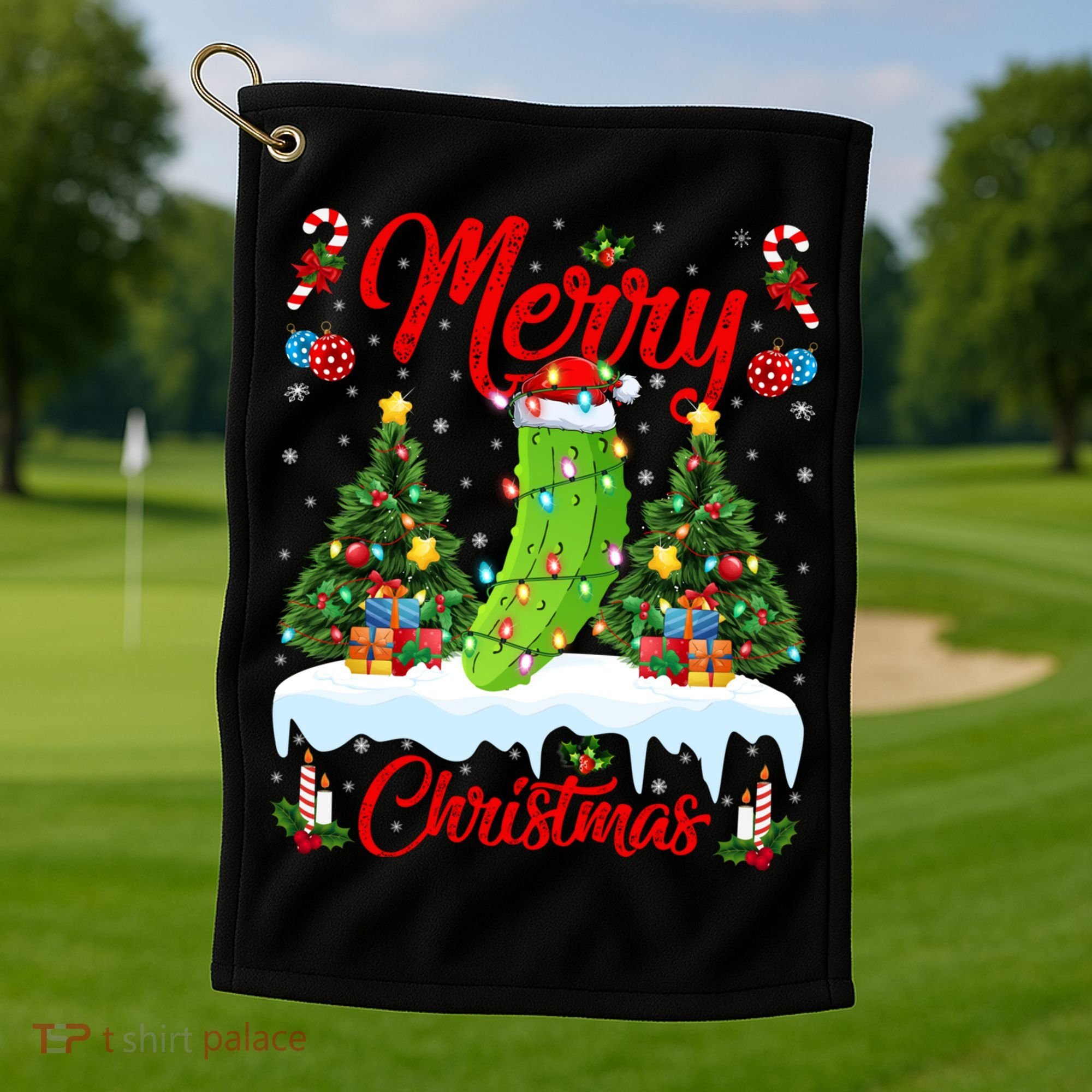 Pickle Lover Xmas Lighting Santa Hat Pickle Christmas Cool Gift Golf Towel