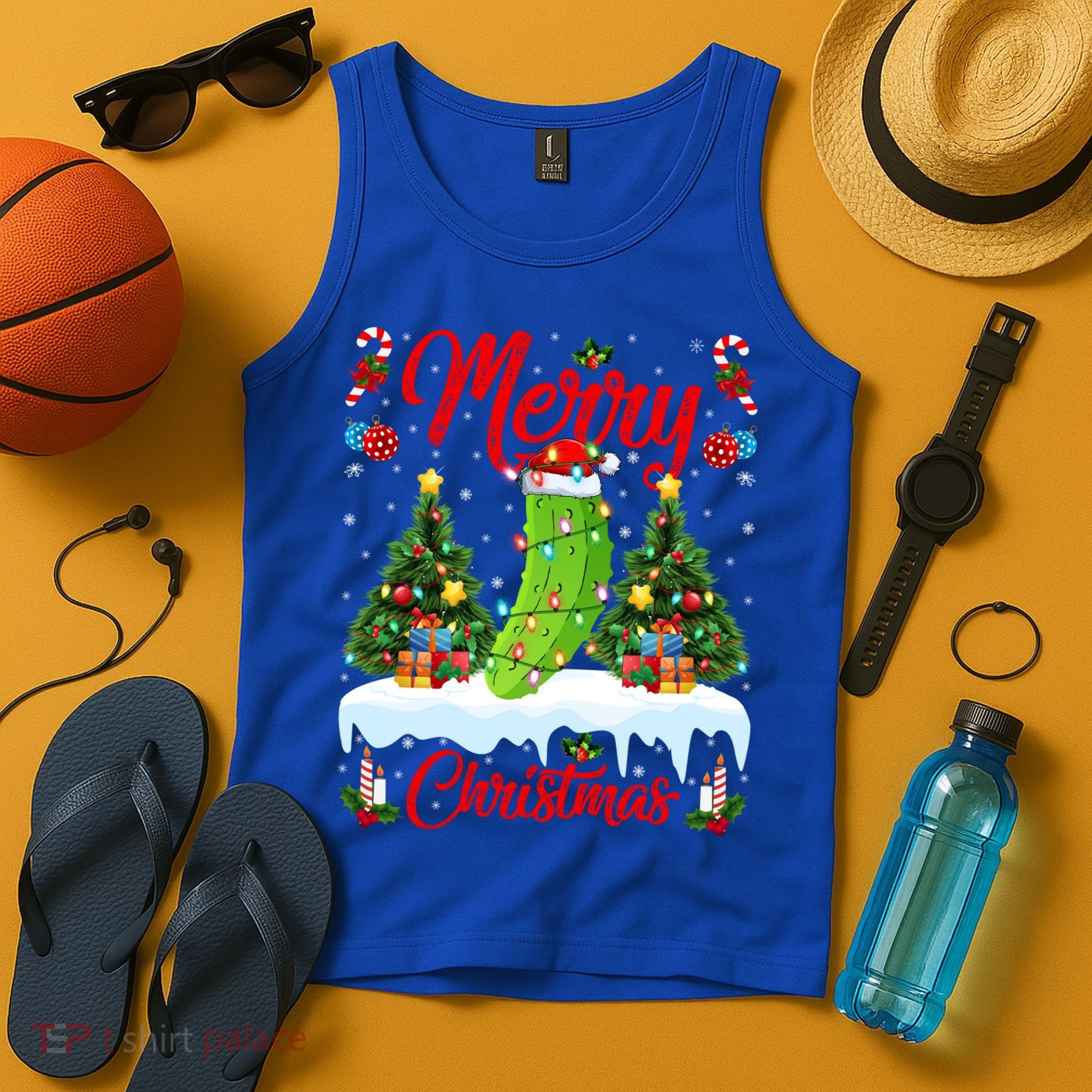 Pickle Lover Xmas Lighting Santa Hat Pickle Christmas Cool Gift Tank Top