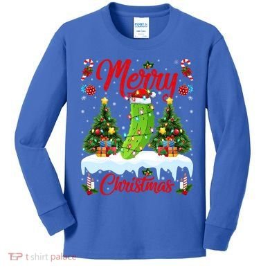 Pickle Lover Xmas Lighting Santa Hat Pickle Christmas Cool Gift Kids Long Sleeve Shirt