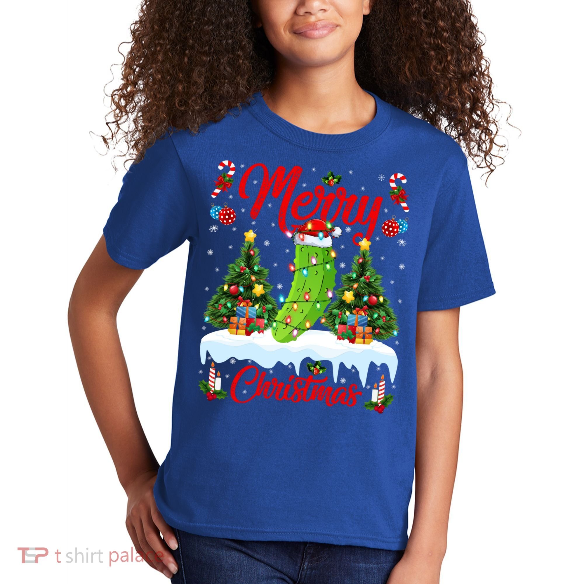 Pickle Lover Xmas Lighting Santa Hat Pickle Christmas Cool Gift Kids T-Shirt