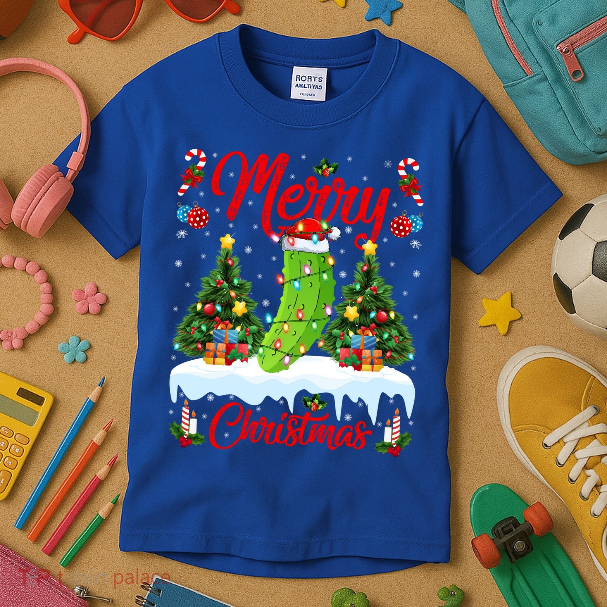 Pickle Lover Xmas Lighting Santa Hat Pickle Christmas Cool Gift Kids T-Shirt