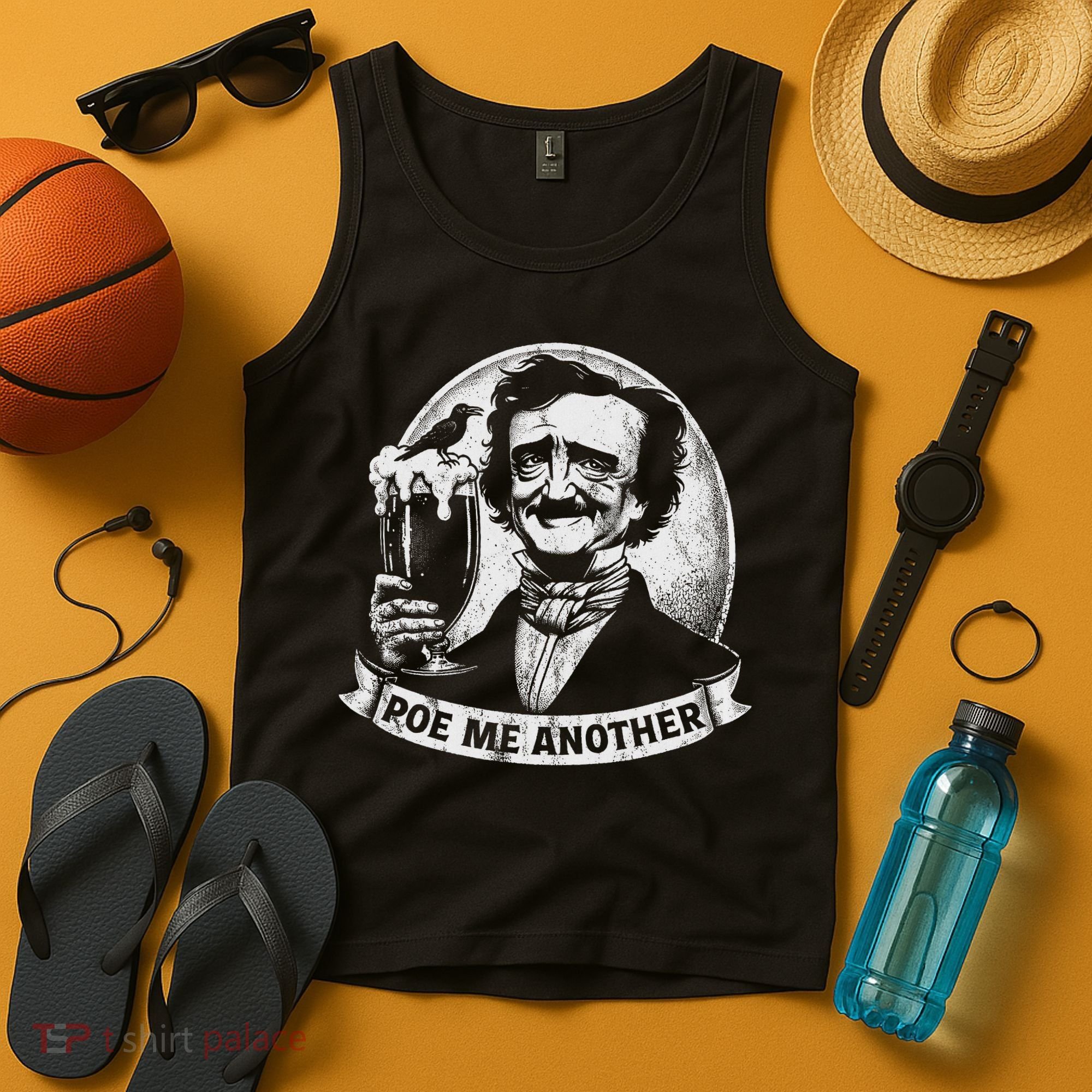 Poe Me Another Distressed Edgar Allan Poe Drinking Beer Tank Top