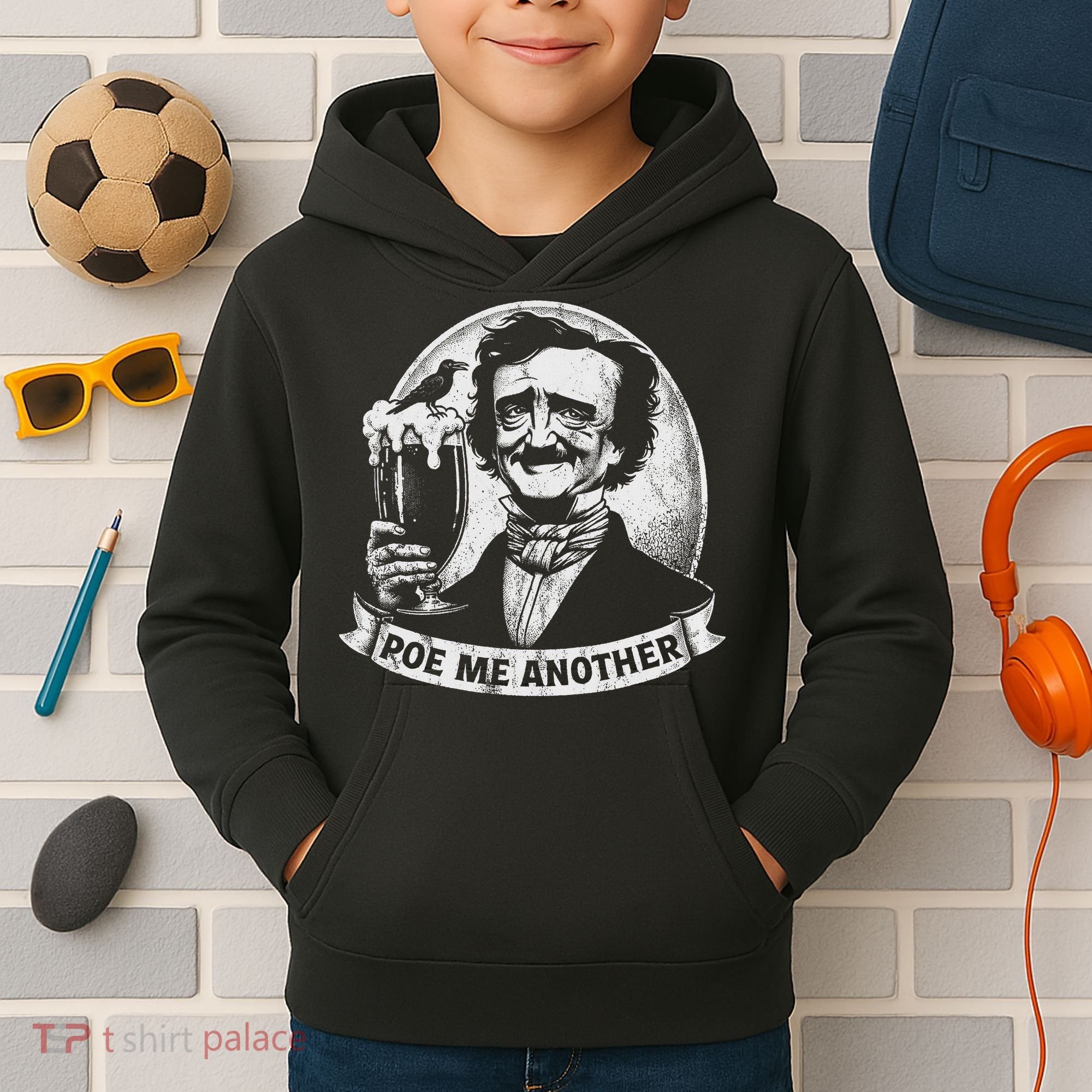 Poe Me Another Distressed Edgar Allan Poe Drinking Beer Kids Hoodie