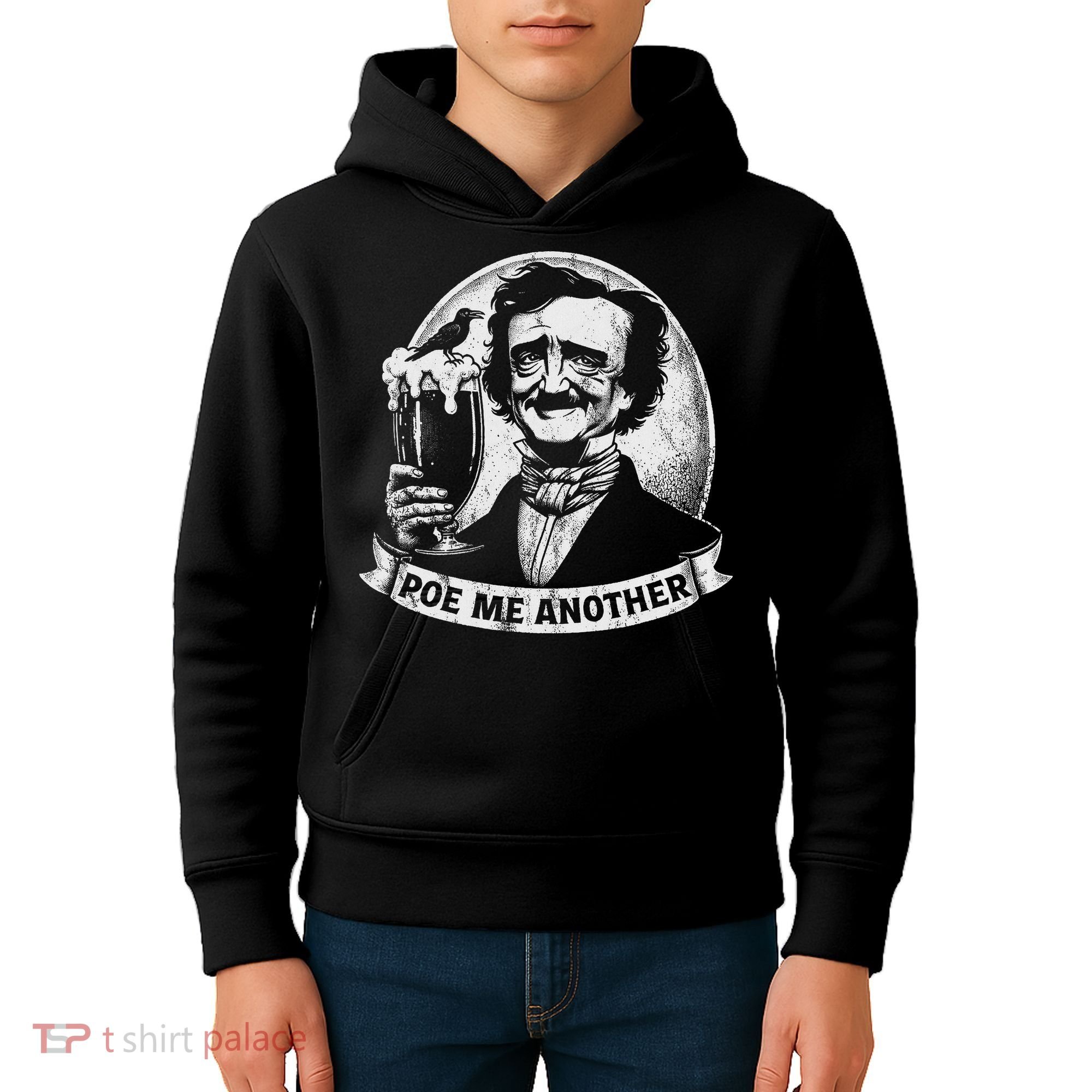 Poe Me Another Distressed Edgar Allan Poe Drinking Beer Kids Hoodie