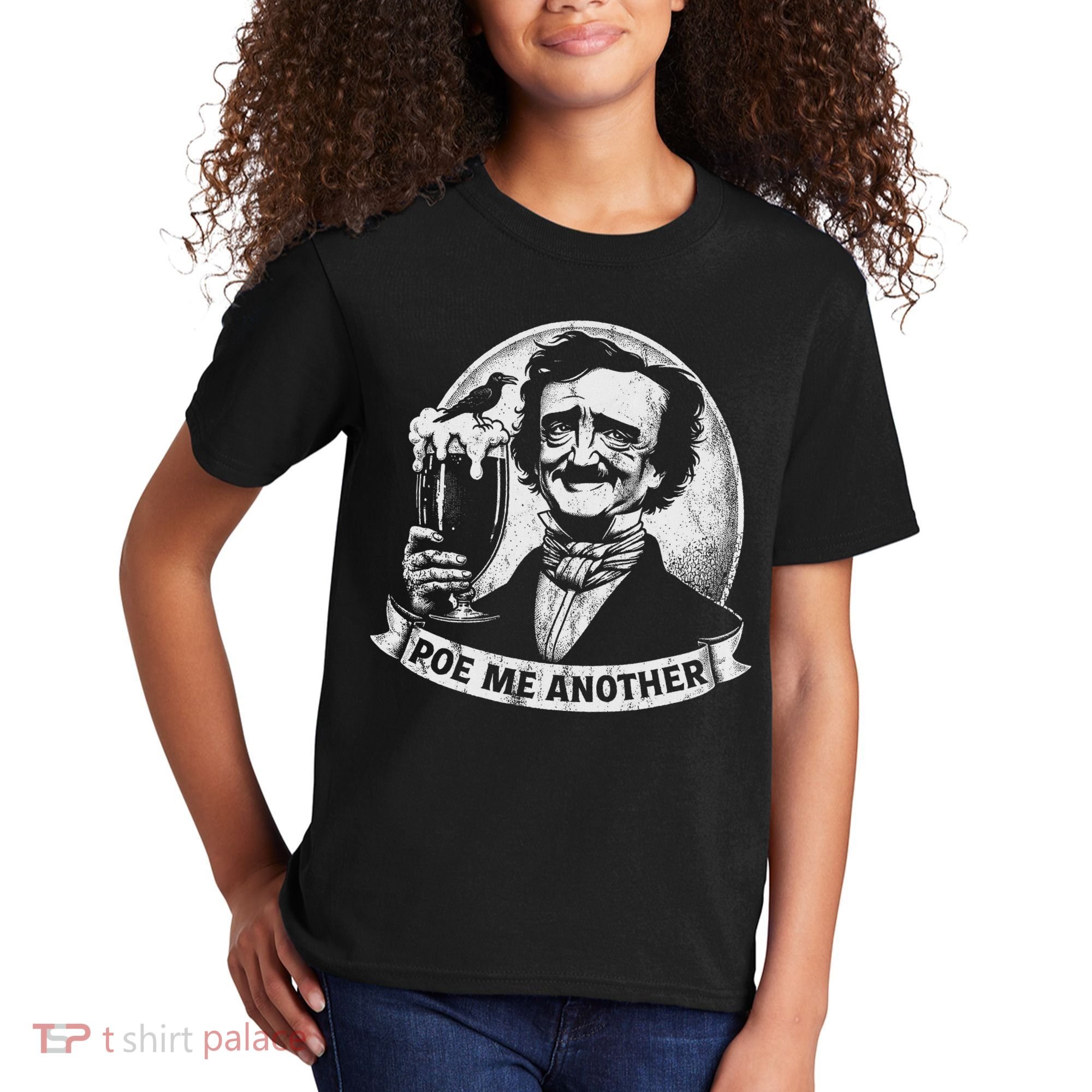 Poe Me Another Distressed Edgar Allan Poe Drinking Beer Kids T-Shirt