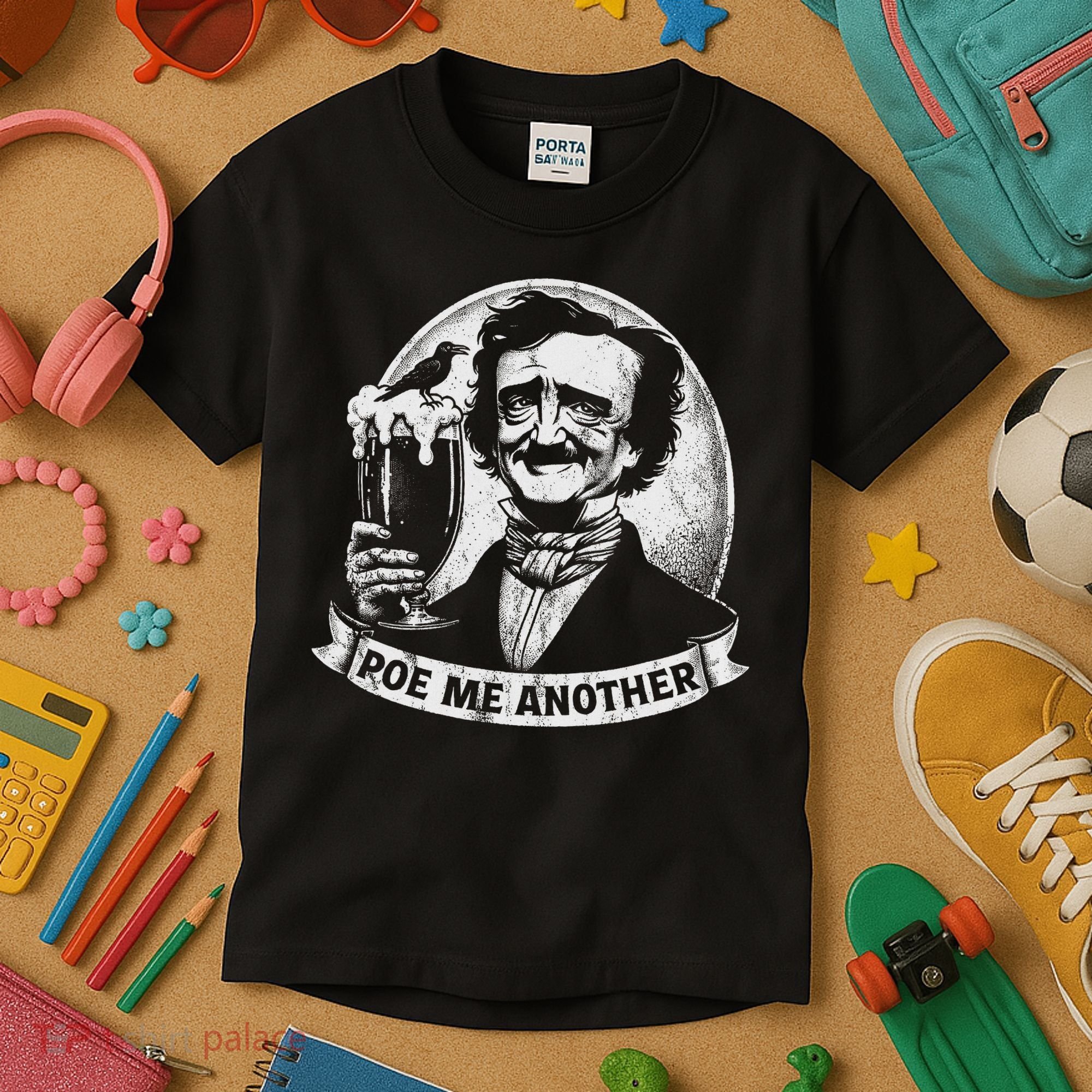 Poe Me Another Distressed Edgar Allan Poe Drinking Beer Kids T-Shirt