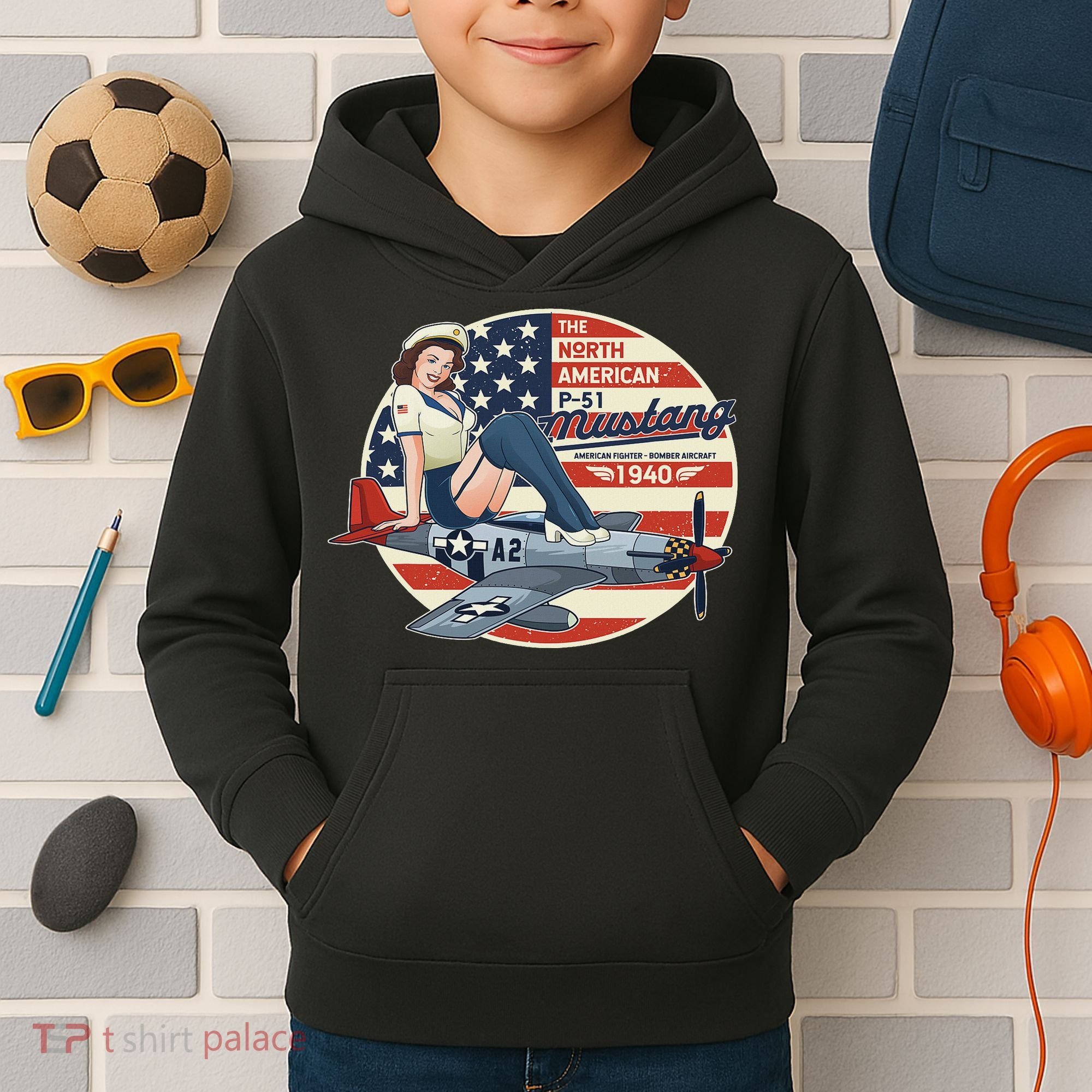 P51 Mustang Airplane S For Wwii Pinup Kids Hoodie