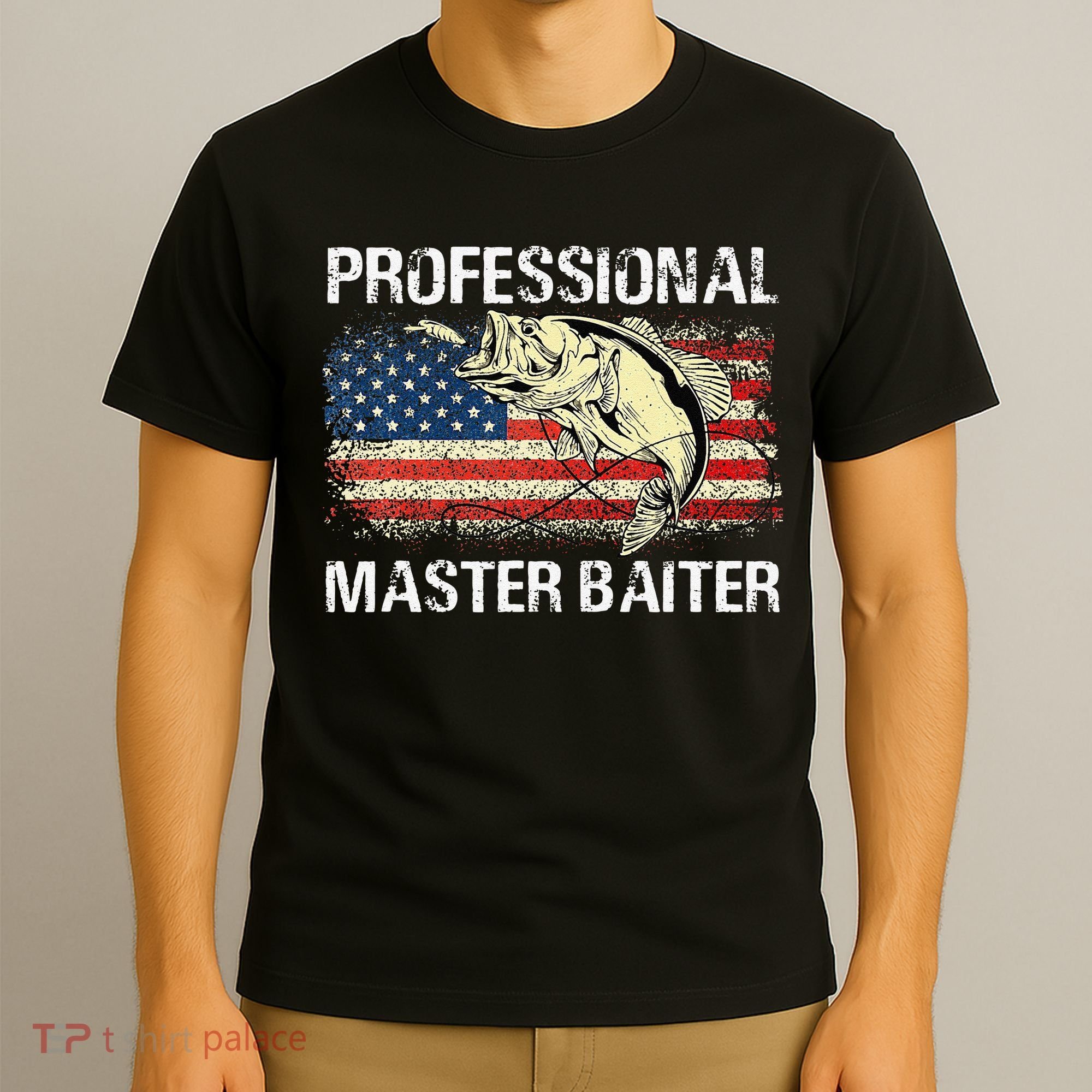 Professional Master Baiter Retro American Flag Funny Fishing T-Shirt