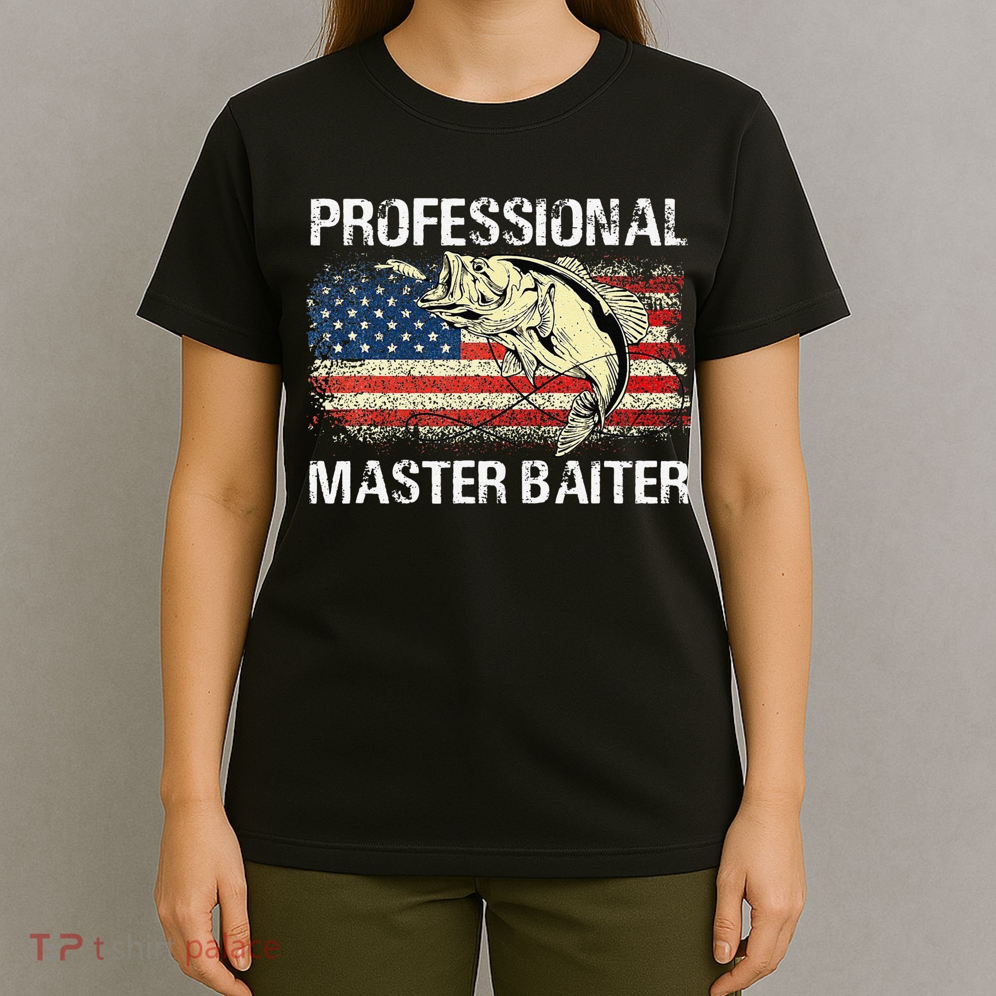 Professional Master Baiter Retro American Flag Funny Fishing T-Shirt