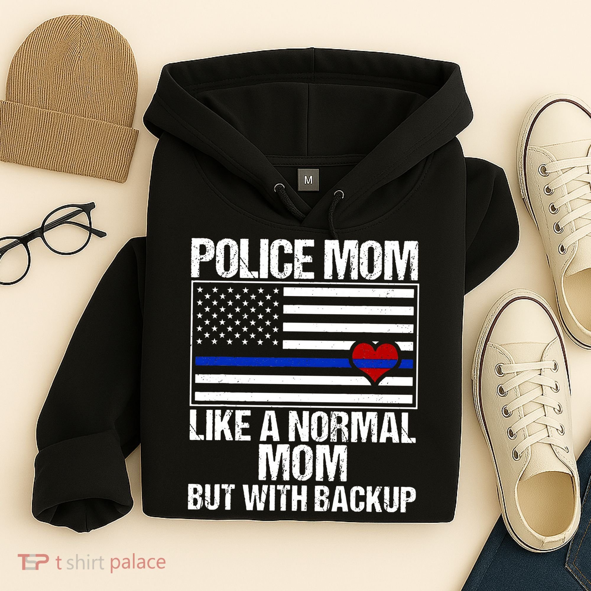 Police Mom Blue Line Flag Heart Hoodie