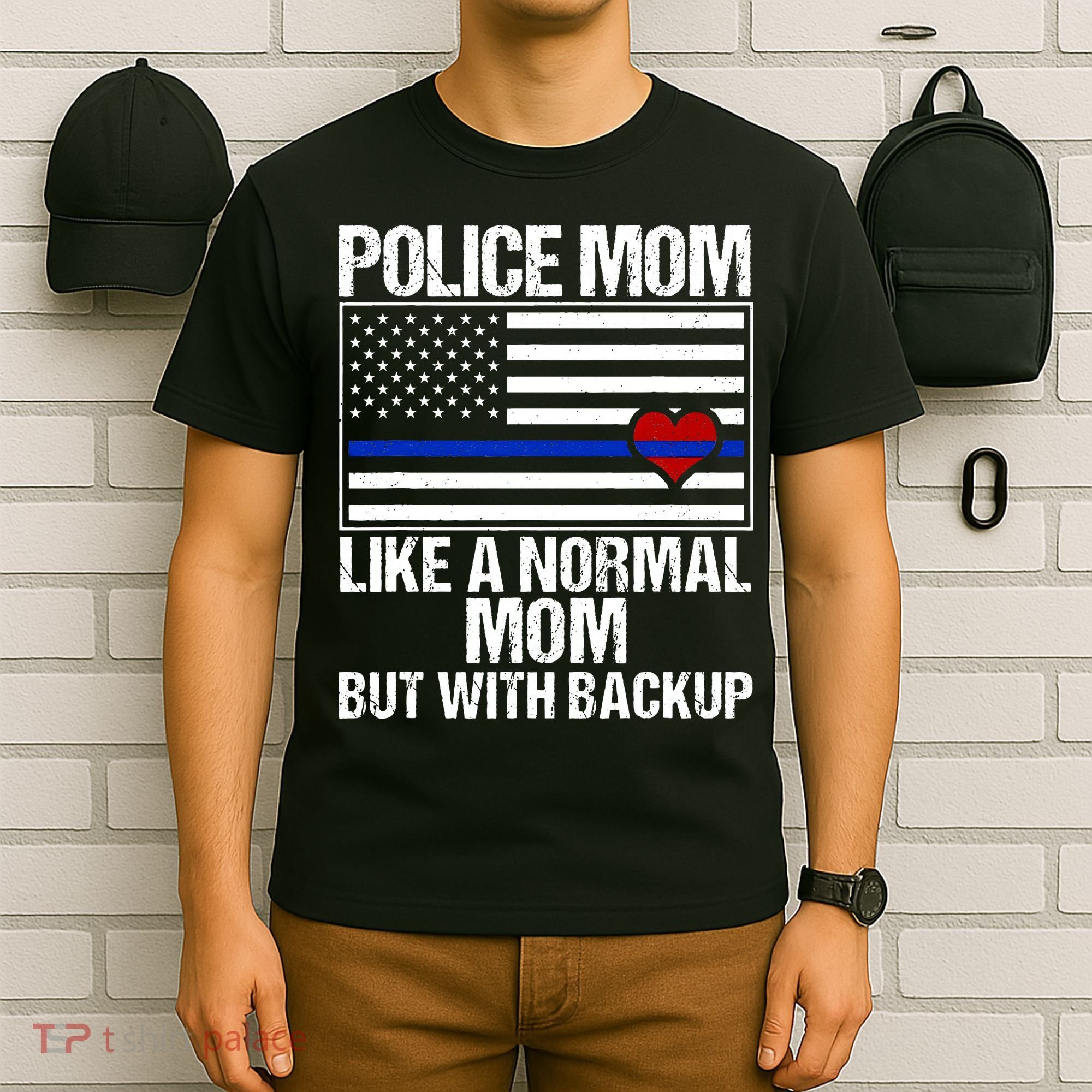 Police Mom Blue Line Flag Heart T-Shirt