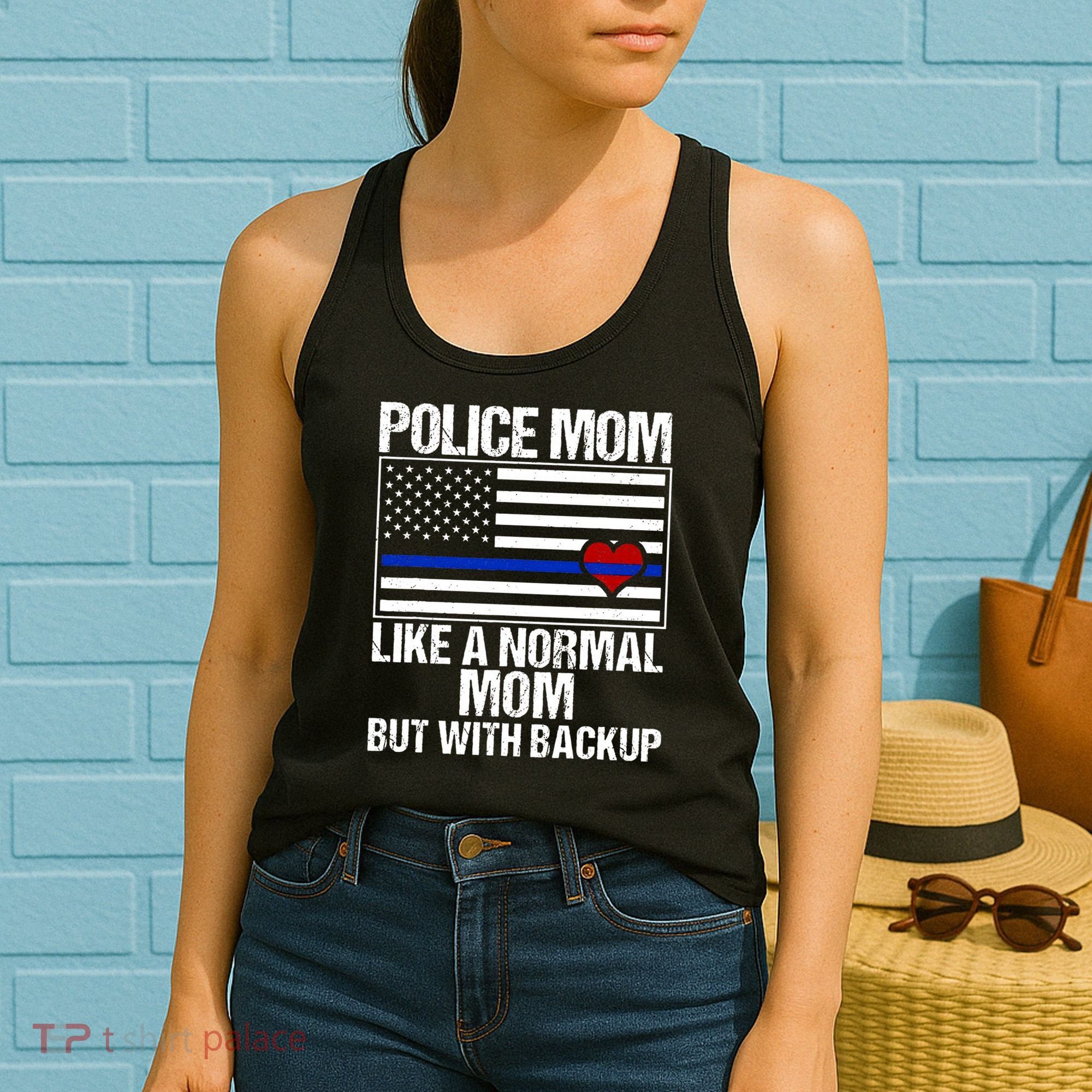 Police Mom Blue Line Flag Heart Women's Tank Top