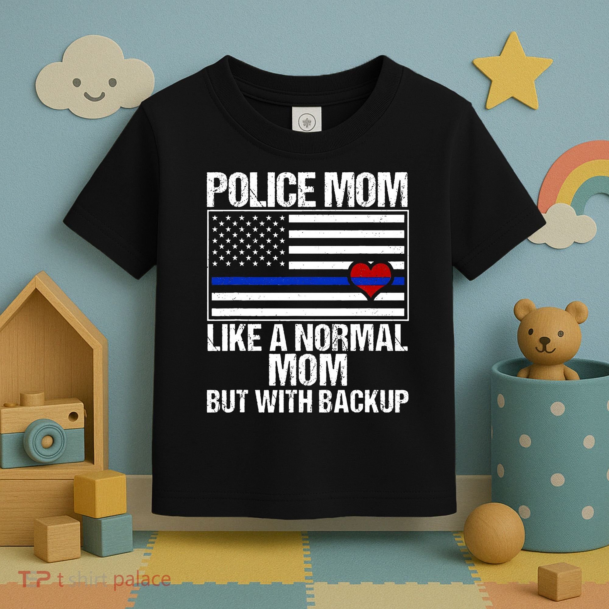 Police Mom Blue Line Flag Heart Toddler T-Shirt