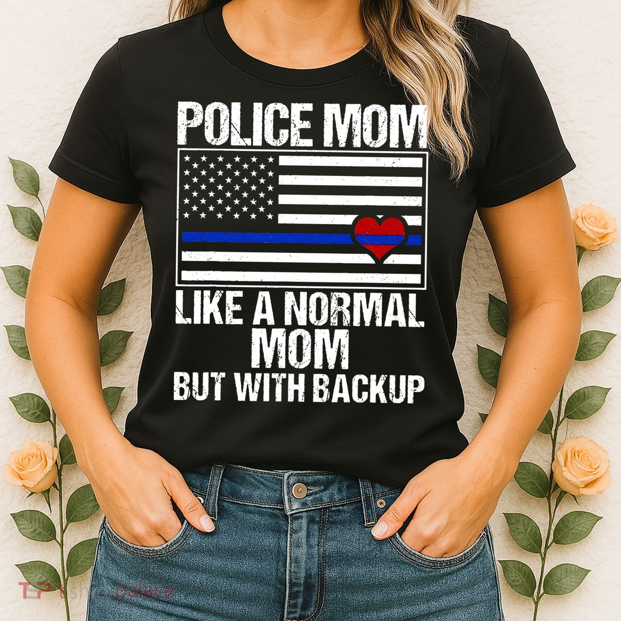 Police Mom Blue Line Flag Heart Women's T-Shirt