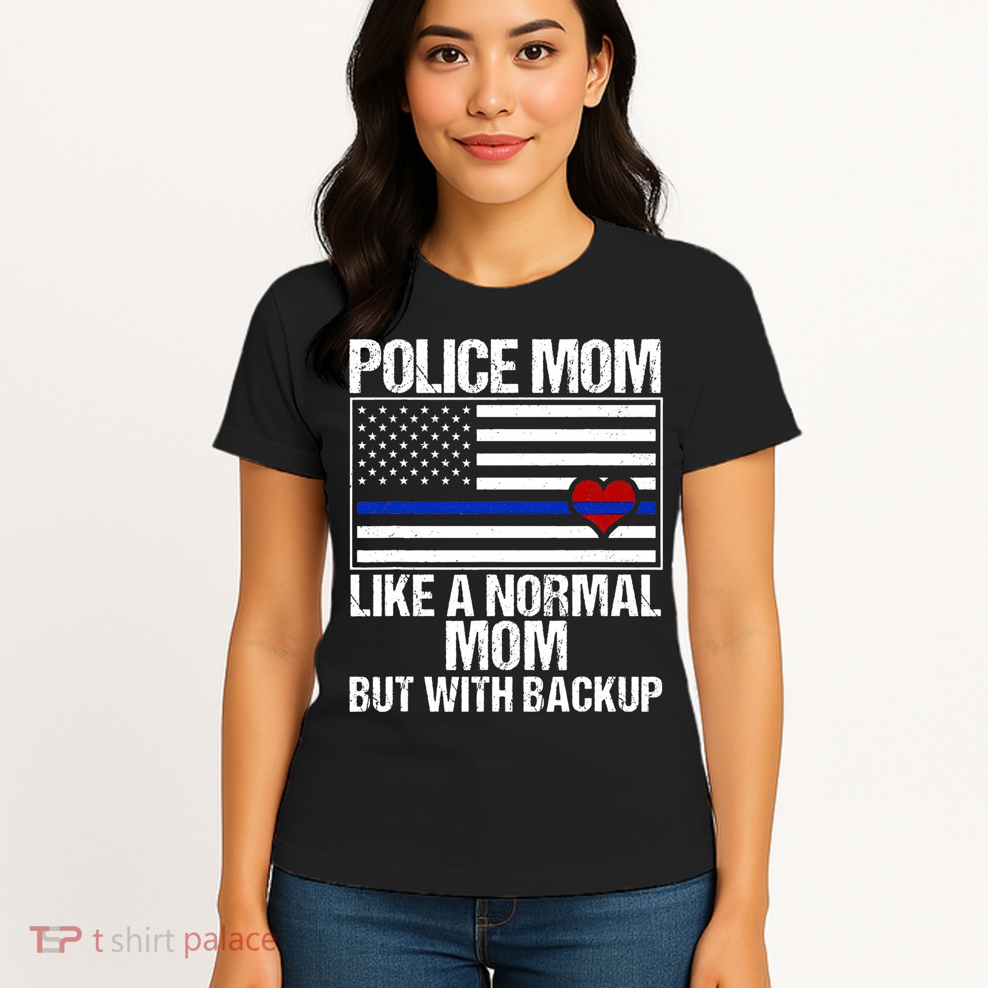 Police Mom Blue Line Flag Heart Women's T-Shirt