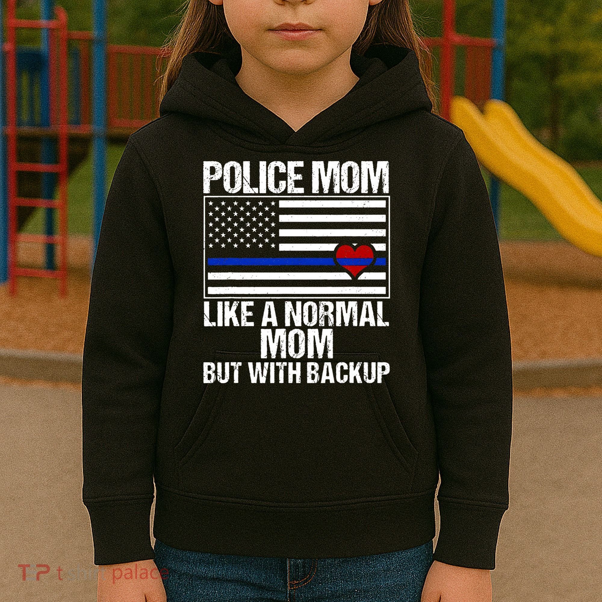 Police Mom Blue Line Flag Heart Kids Hoodie