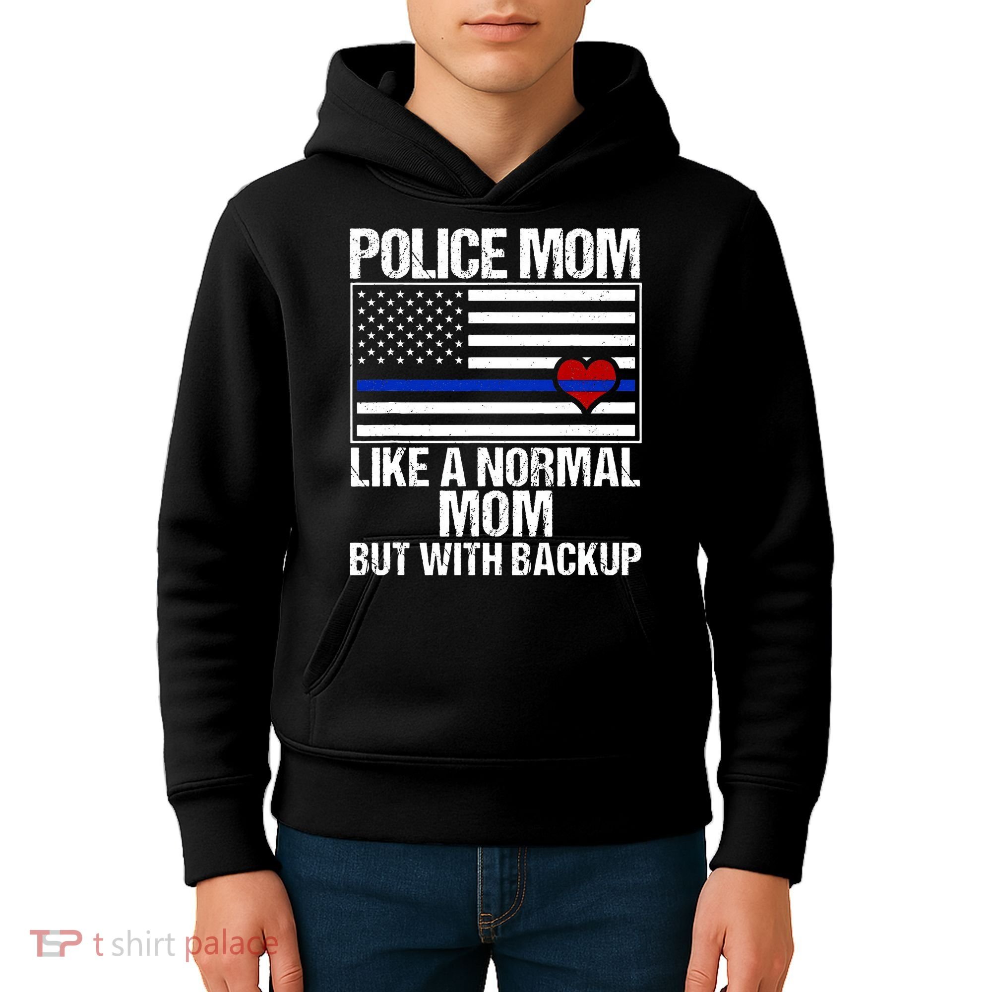Police Mom Blue Line Flag Heart Kids Hoodie