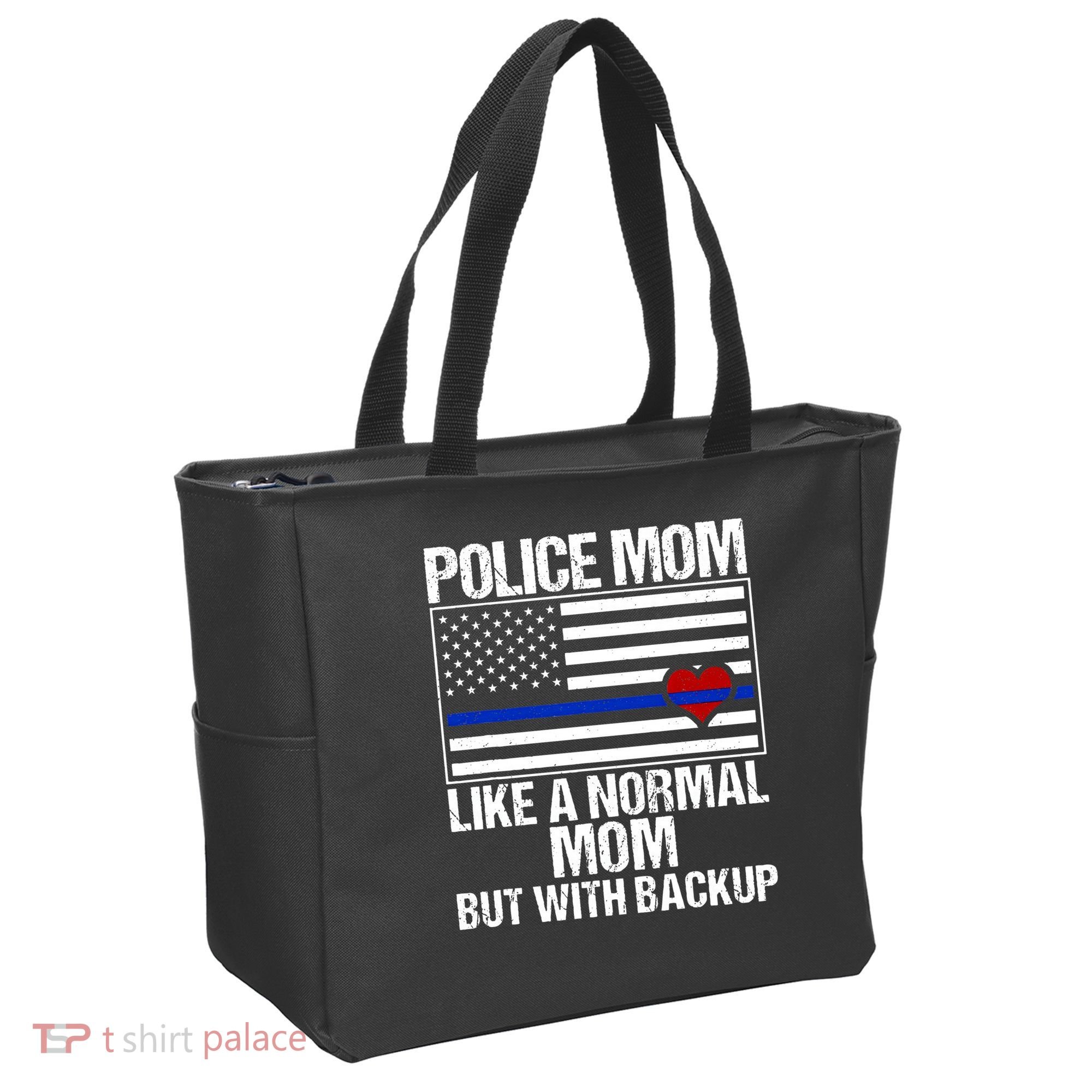 Police Mom Blue Line Flag Heart Tote Bag