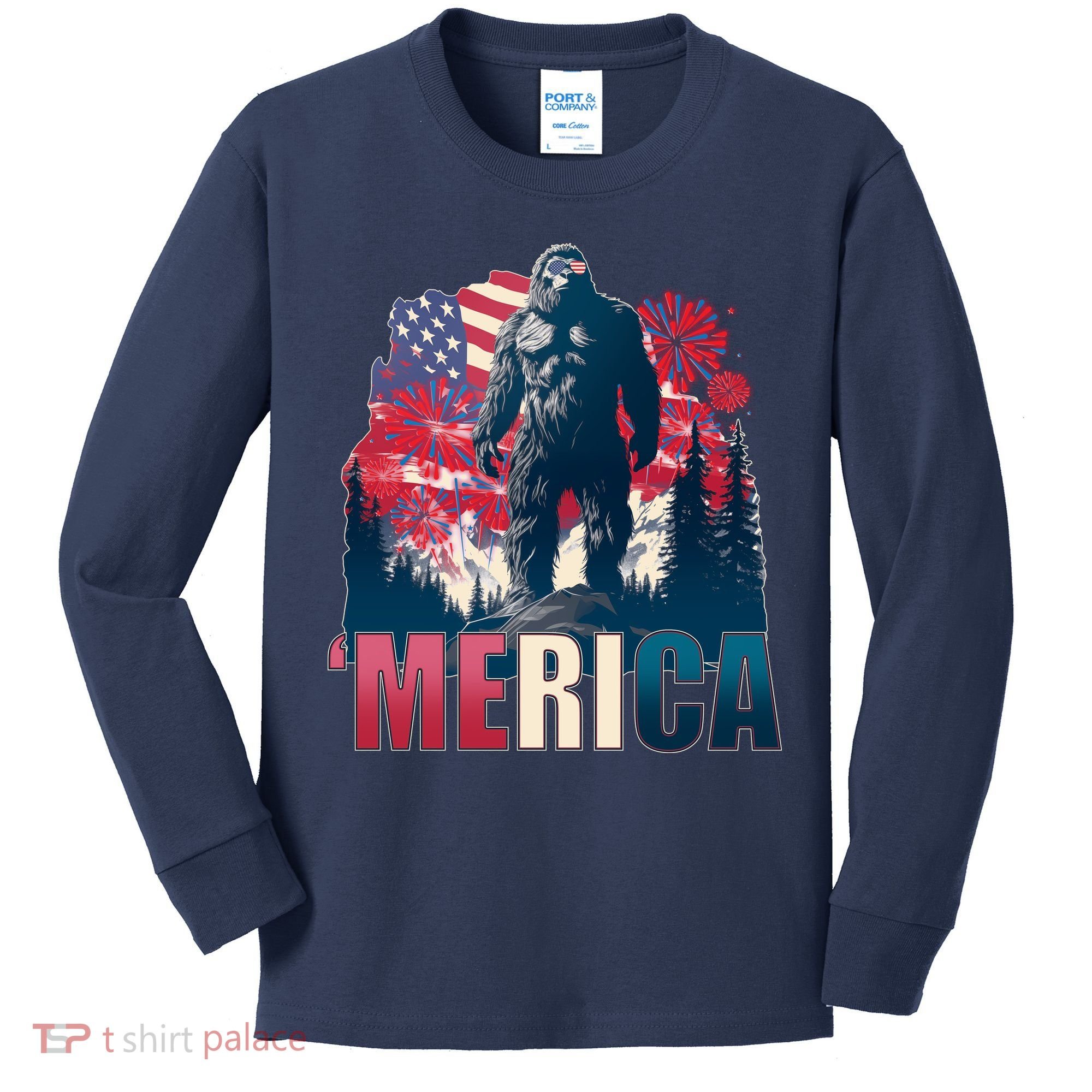 Patriotic Merica Bigfoot Sasquatch Kids Long Sleeve Shirt