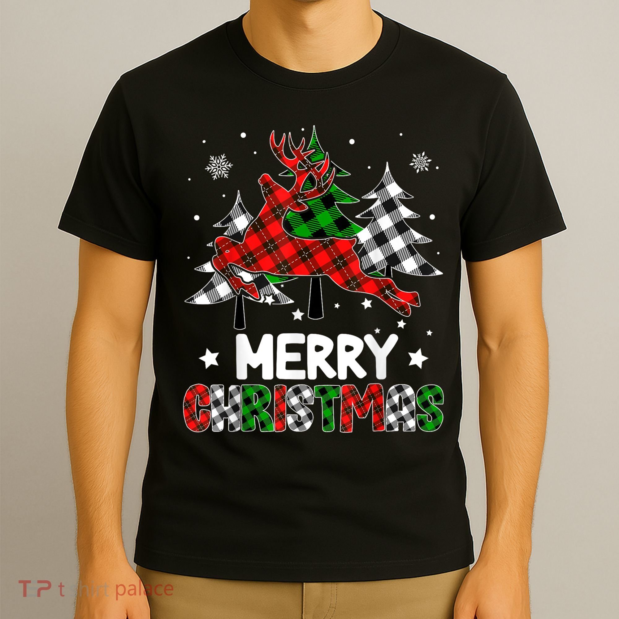 Plaid Merry Christmas Reindeer Tree Family Matching Pajamas T-Shirt