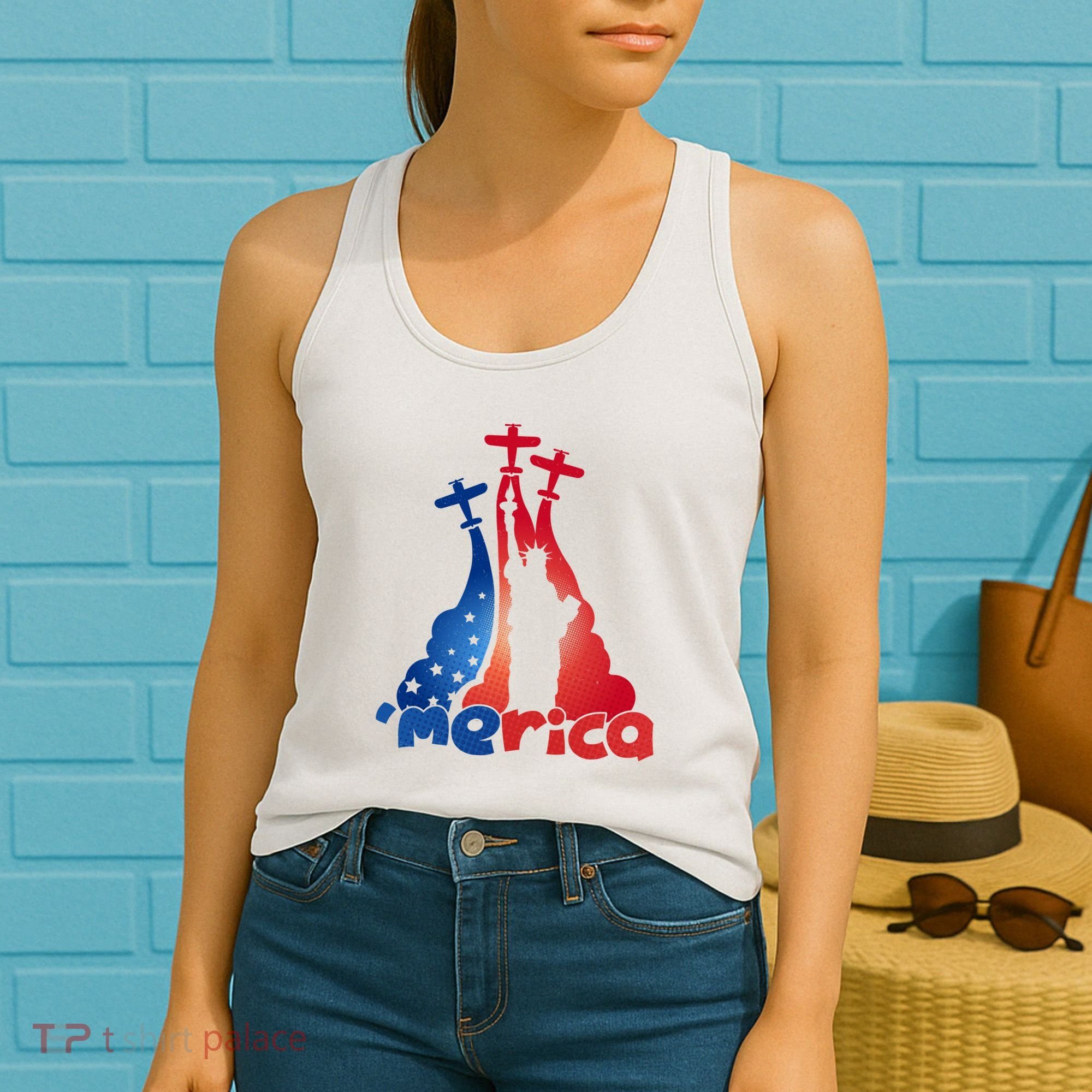 Patriotic Merica Classic Airplane Airshow Statue Of Liberty Women's Tank Top