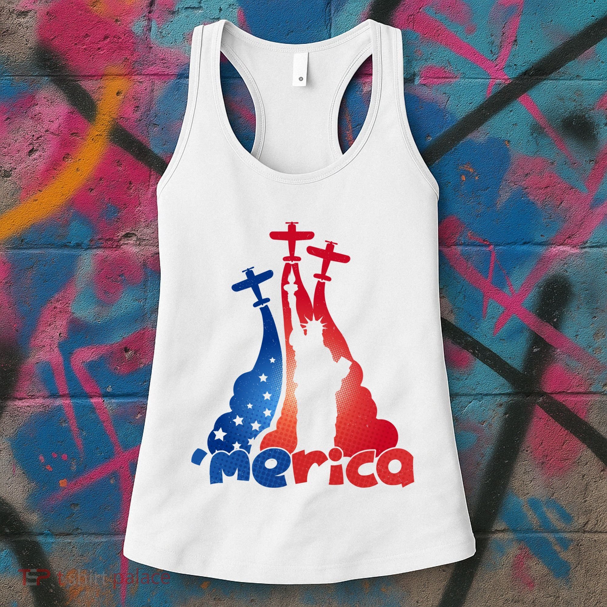 Patriotic Merica Classic Airplane Airshow Statue Of Liberty Women's Tank Top