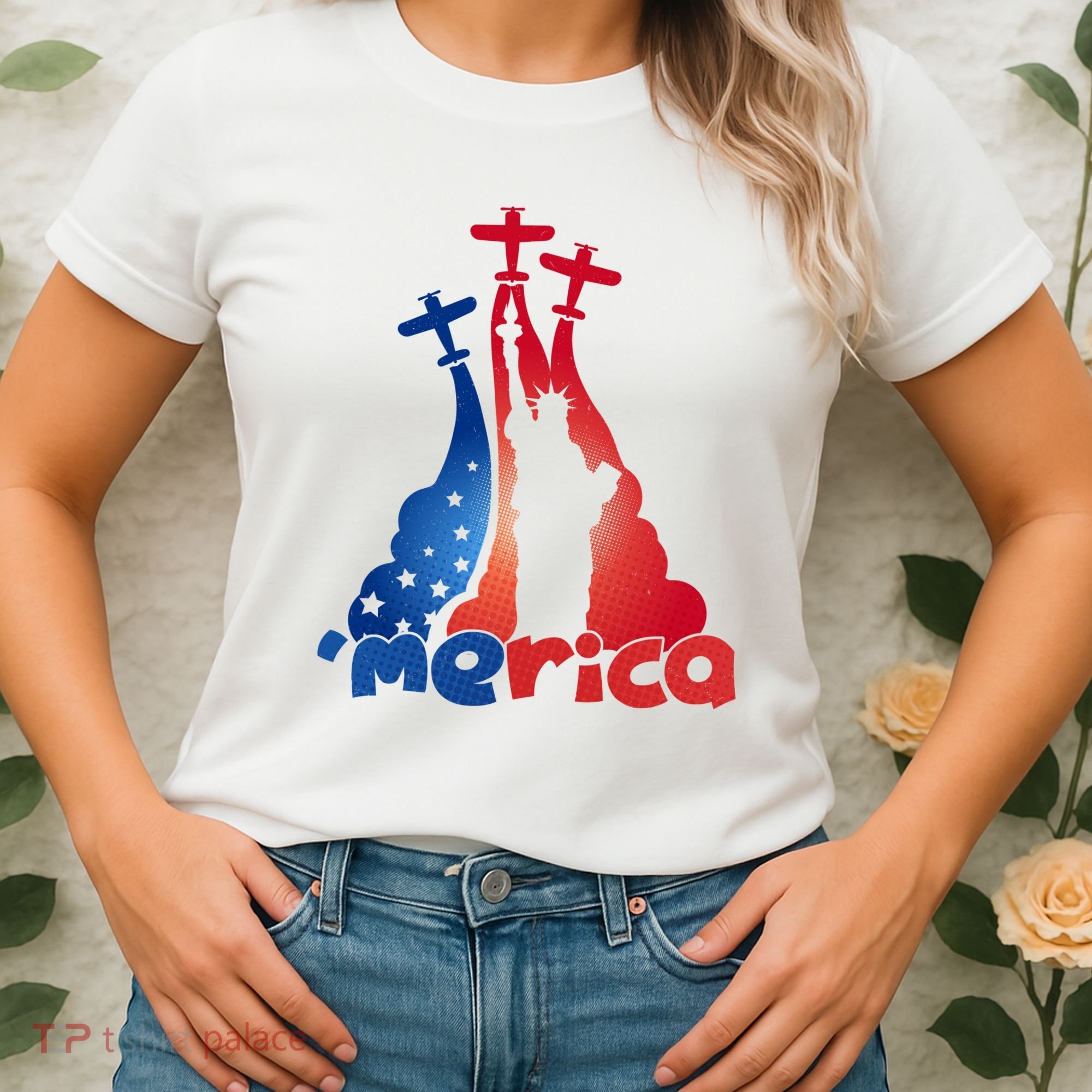 Patriotic Merica Classic Airplane Airshow Statue Of Liberty Women's T-Shirt