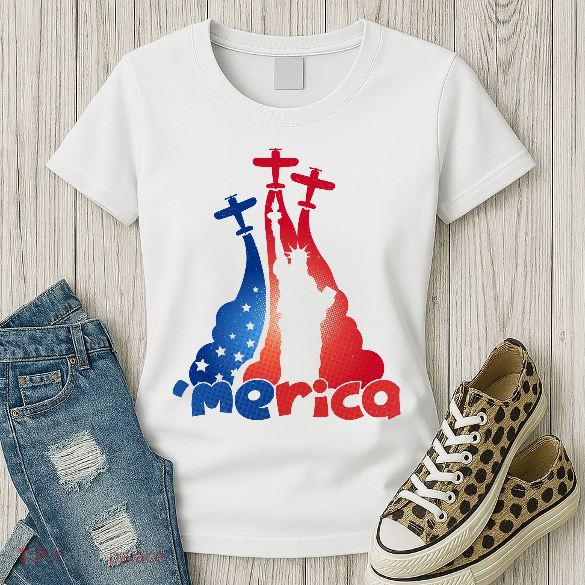 Patriotic Merica Classic Airplane Airshow Statue Of Liberty Women's T-Shirt