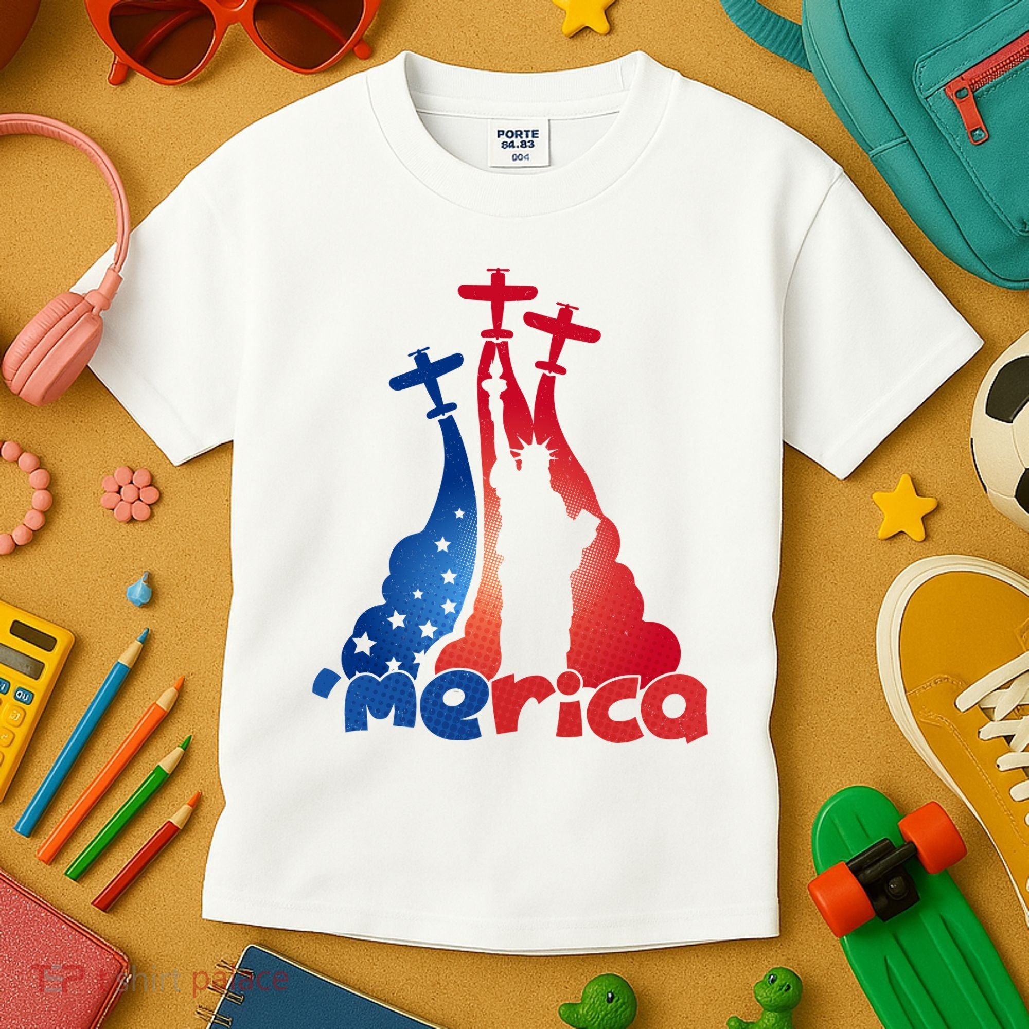 Patriotic Merica Classic Airplane Airshow Statue Of Liberty Kids T-Shirt