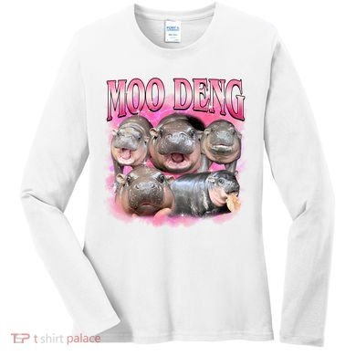 Pink Moo Deng Meme Hippo Funny Women's Long Sleeve Shirt