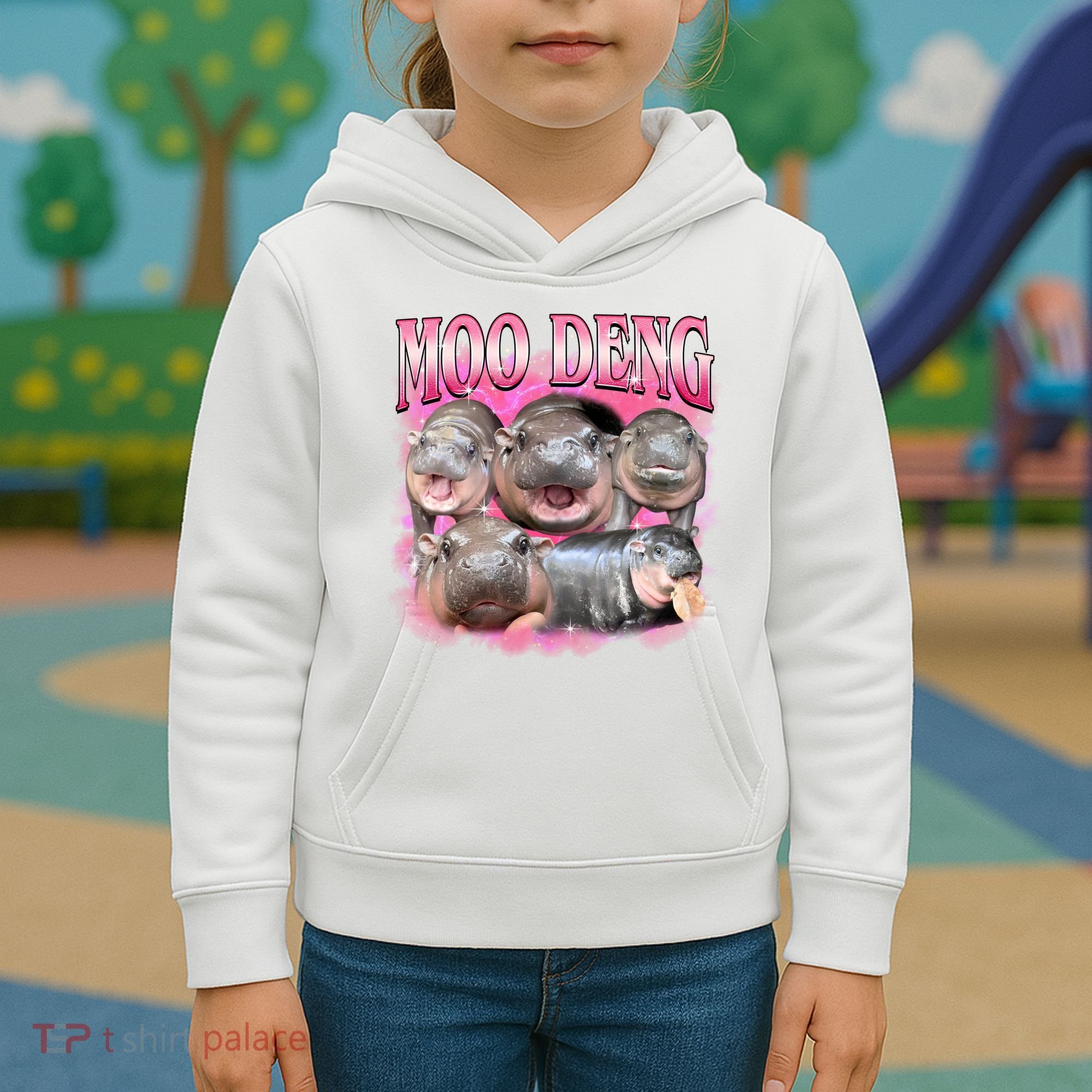Pink Moo Deng Meme Hippo Funny Kids Hoodie