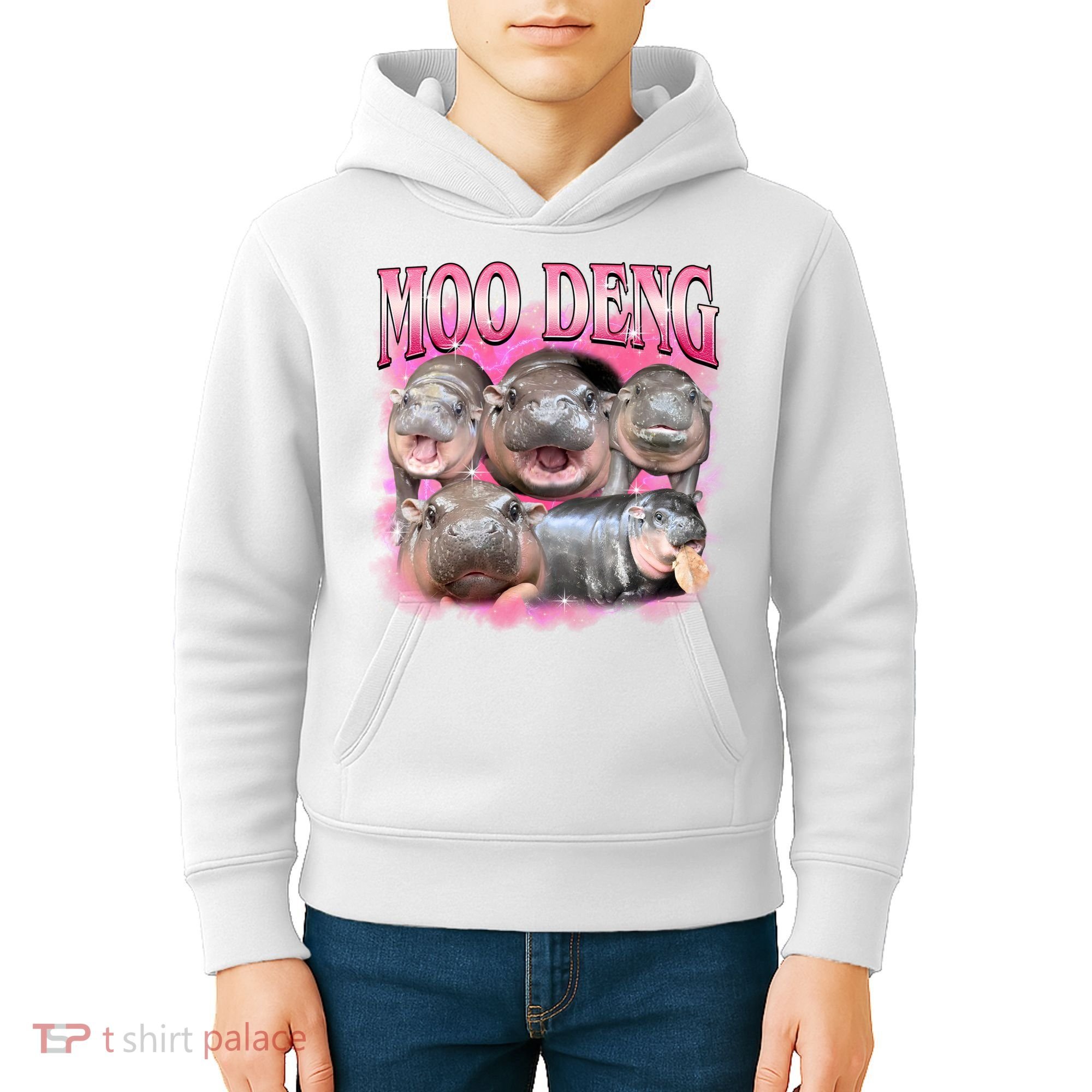Pink Moo Deng Meme Hippo Funny Kids Hoodie