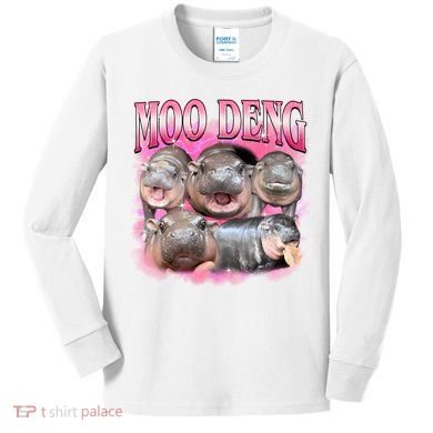 Pink Moo Deng Meme Hippo Funny Kids Long Sleeve Shirt