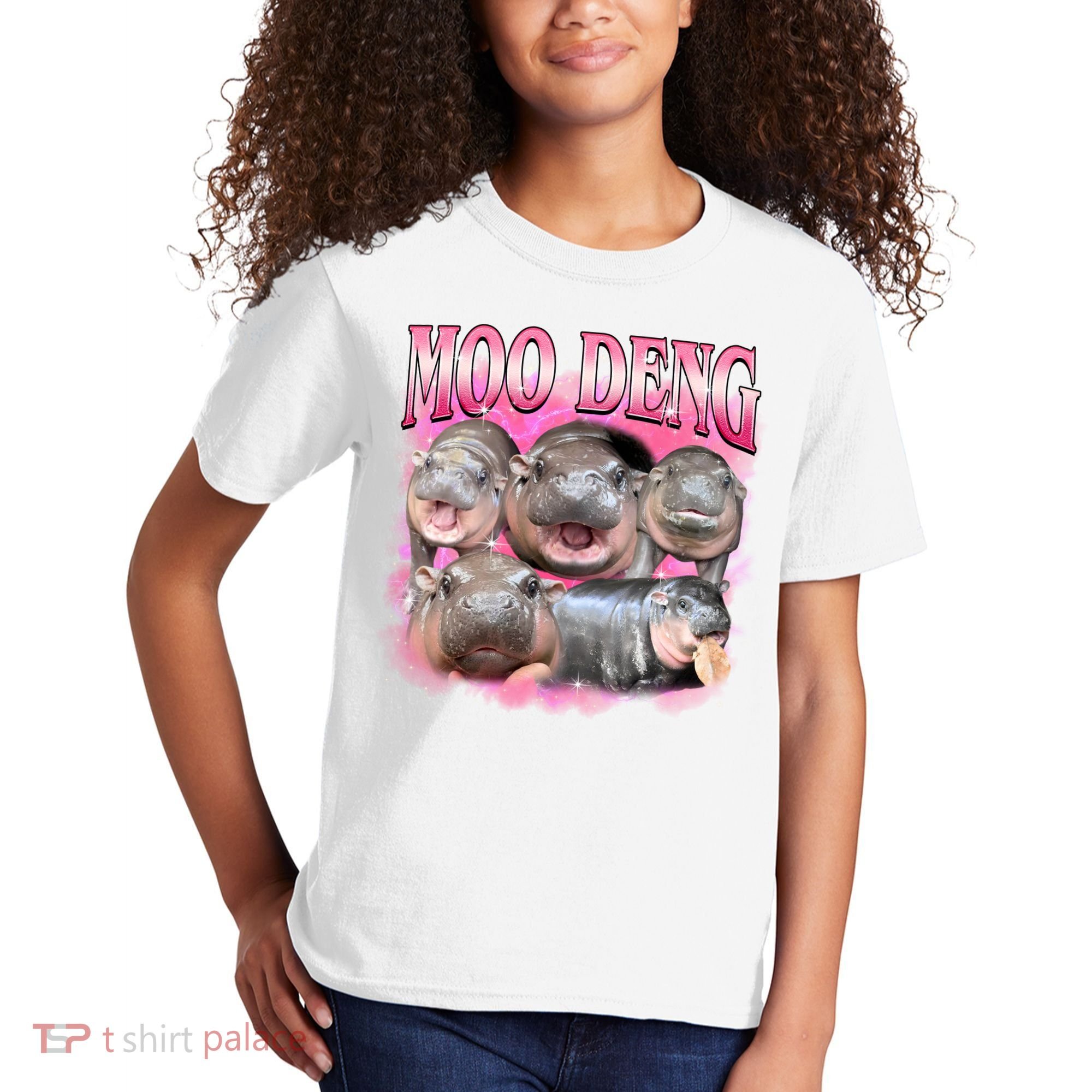 Pink Moo Deng Meme Hippo Funny Kids T-Shirt