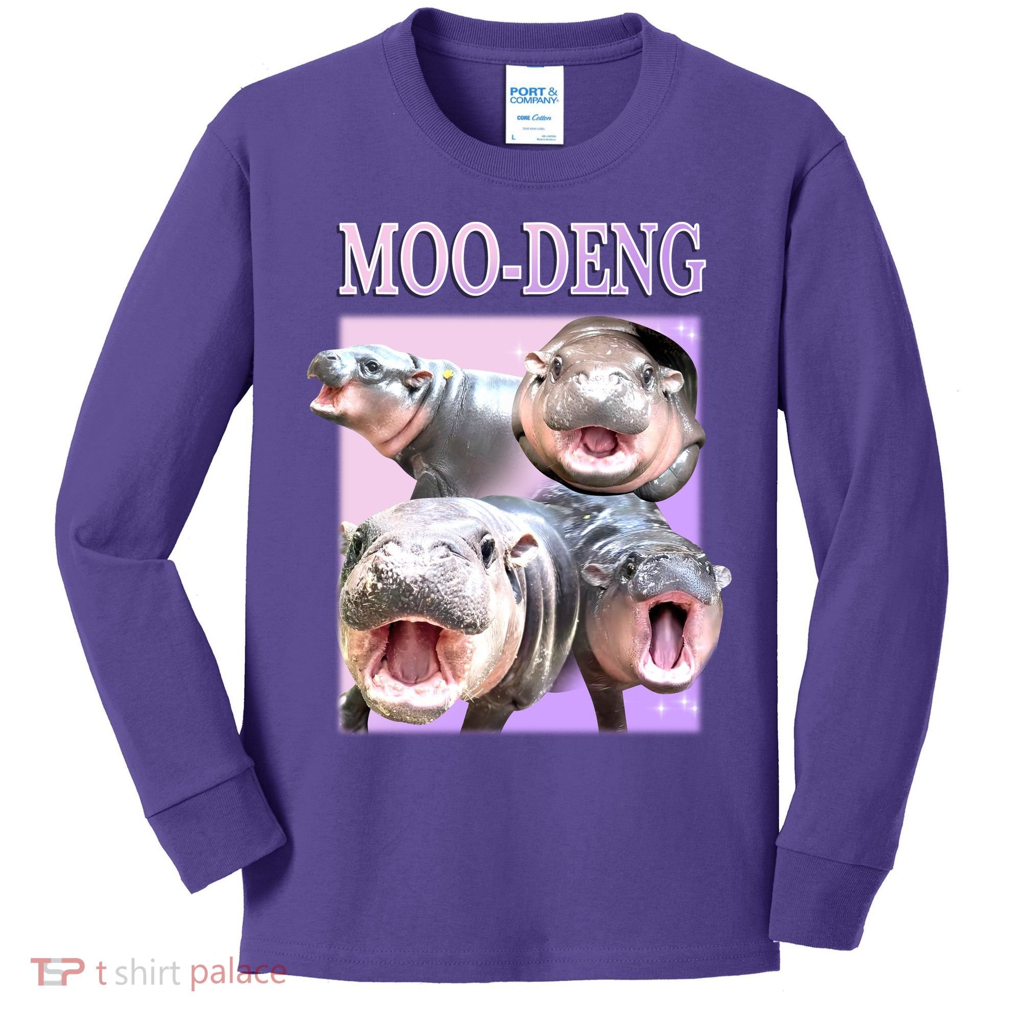 Purple Moo Deng Meme Hippo Funny Kids Long Sleeve Shirt