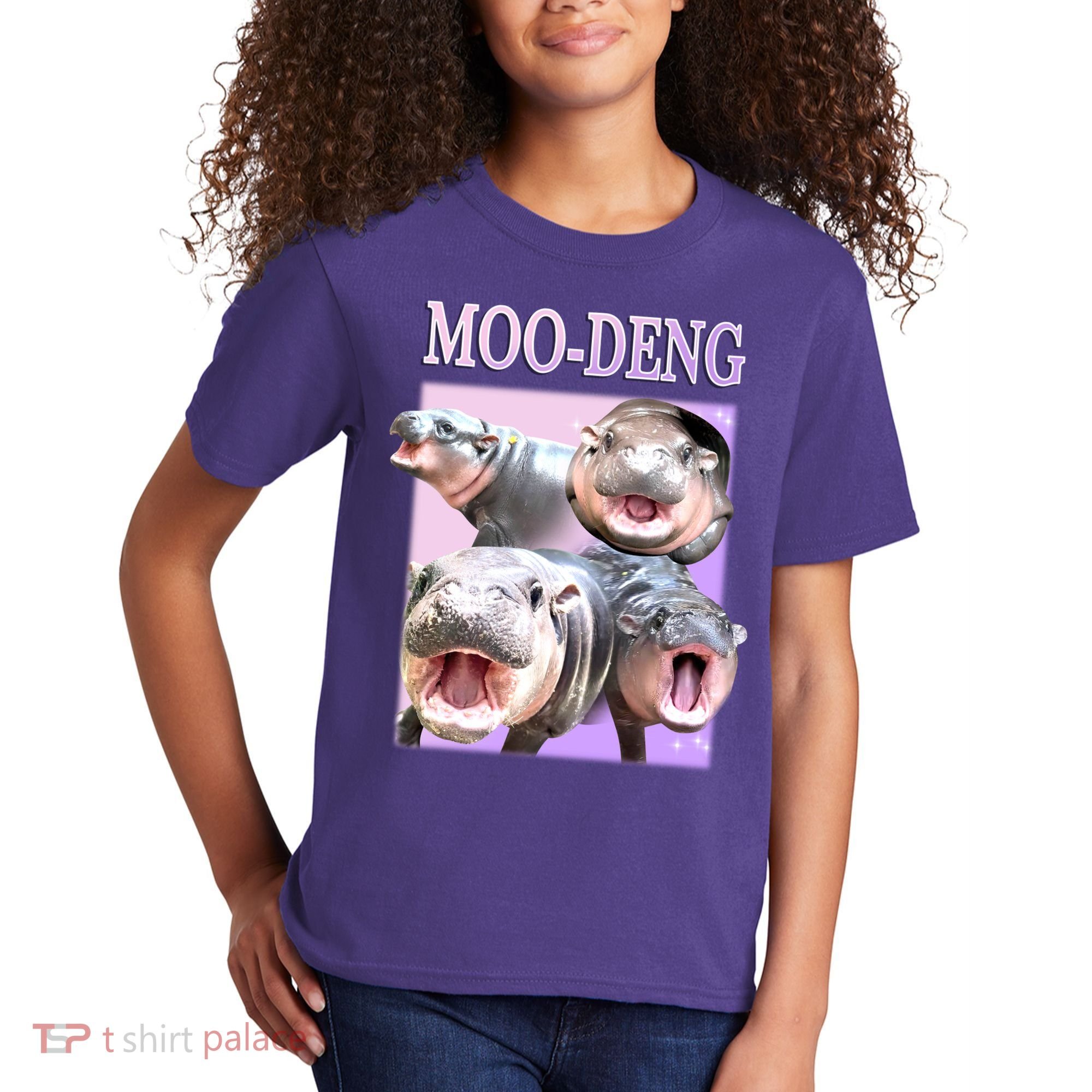 Purple Moo Deng Meme Hippo Funny Kids T-Shirt