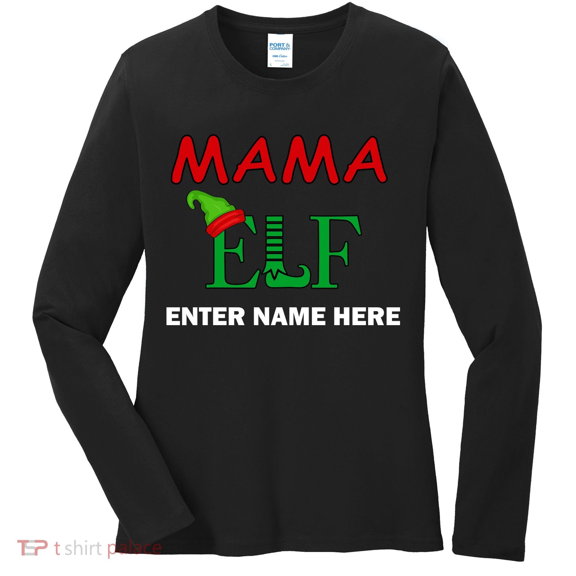 Personalize Mama Elf Custom Family Matching Christmas Women's Long Sleeve Shirt