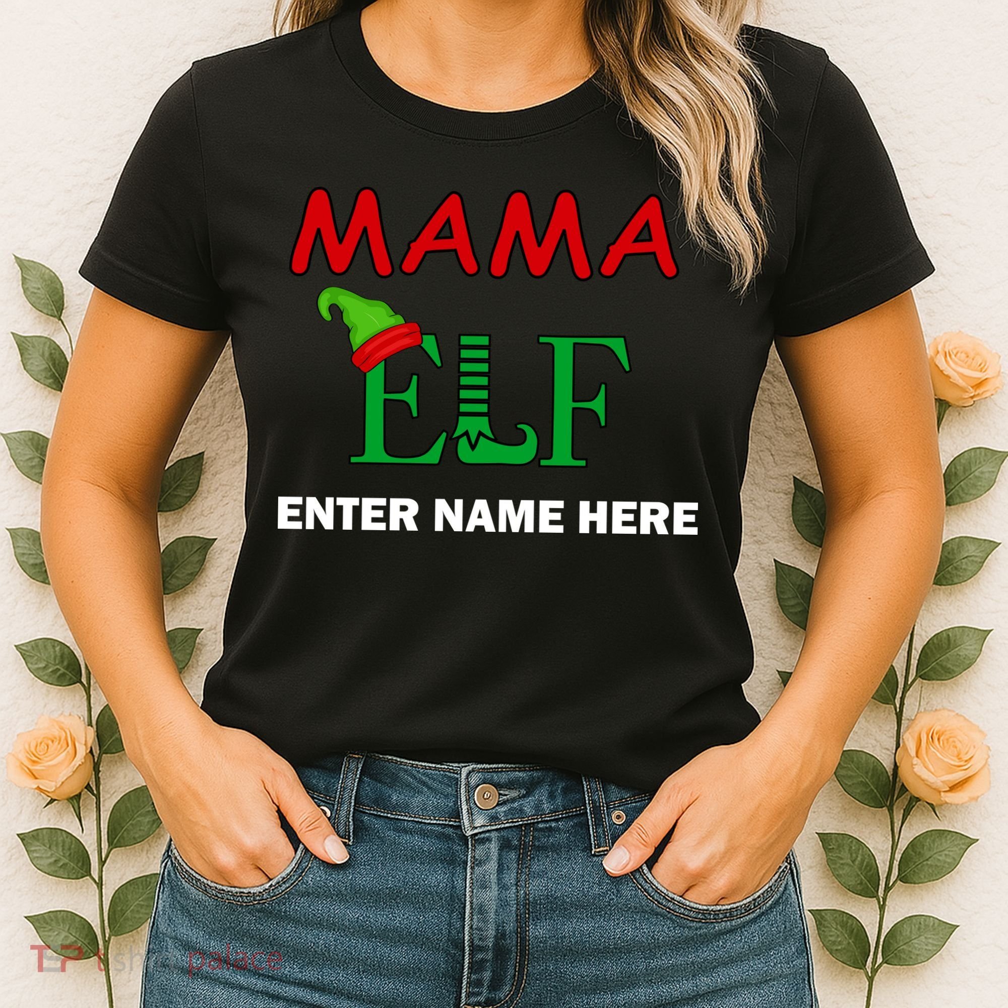 Personalize Mama Elf Custom Family Matching Christmas Women's T-Shirt