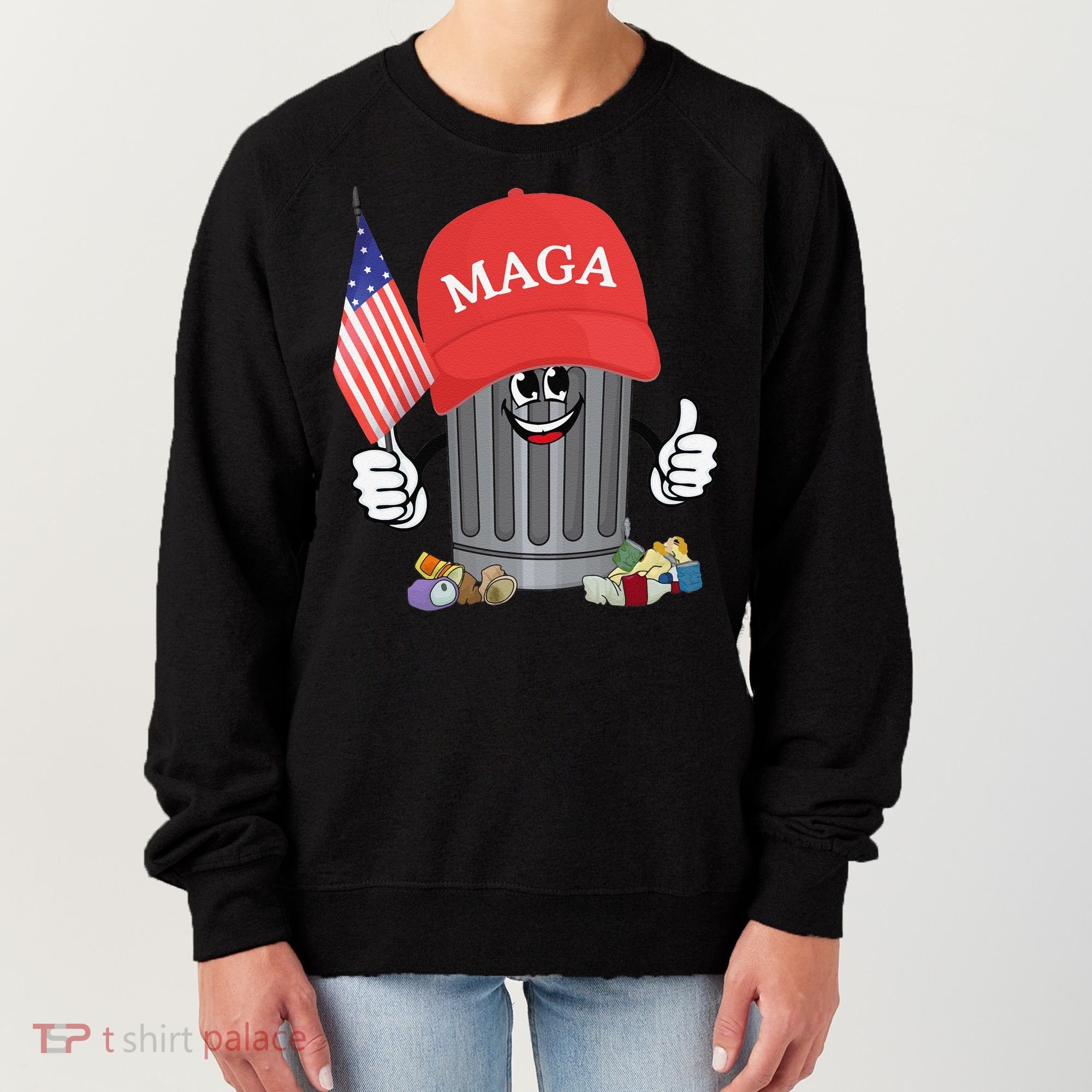 Proud Maga Garbage Trump Supporter Trash Can Cartoon Funny Gift Women's Sweatshirt