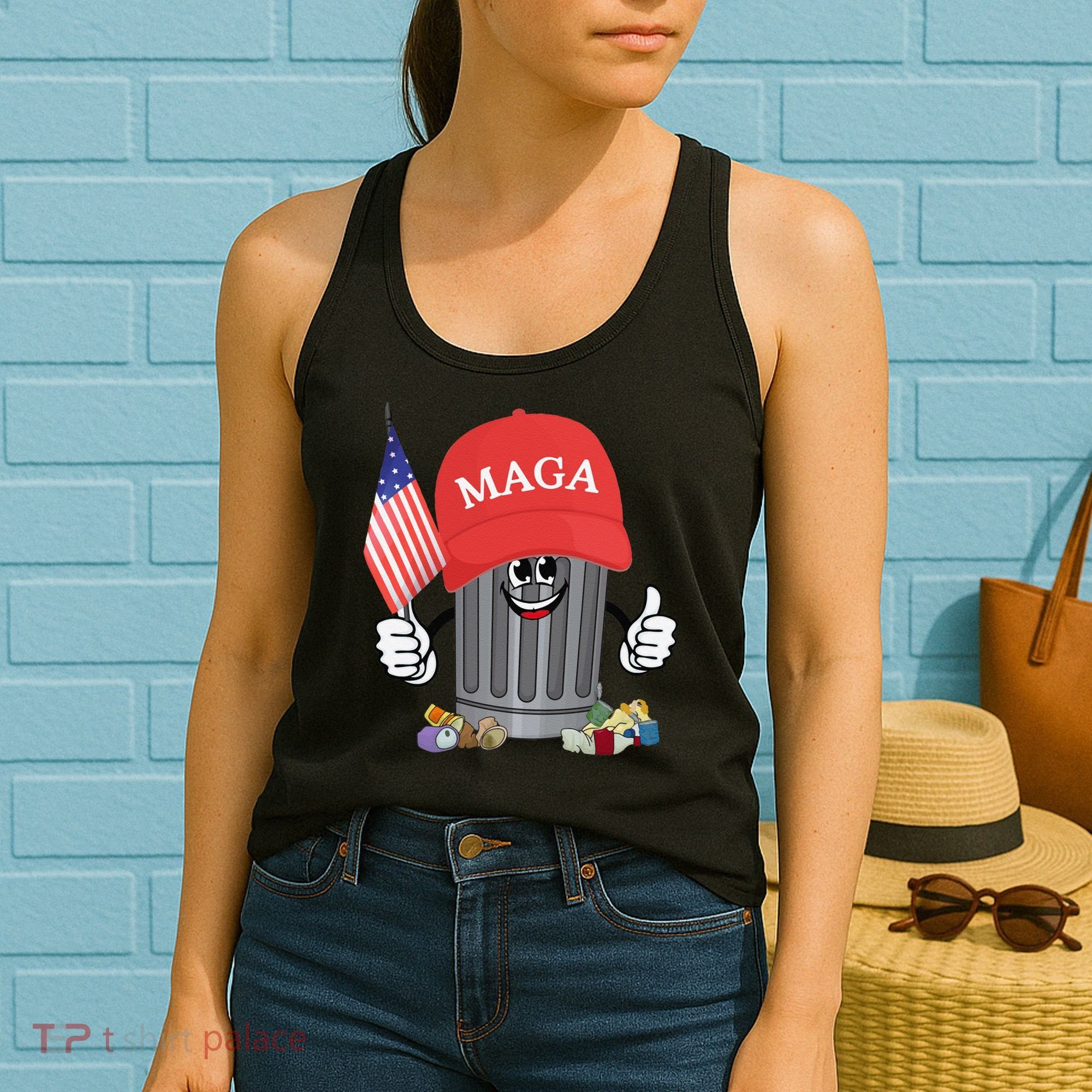 Proud Maga Garbage Trump Supporter Trash Can Cartoon Funny Gift Women's Tank Top
