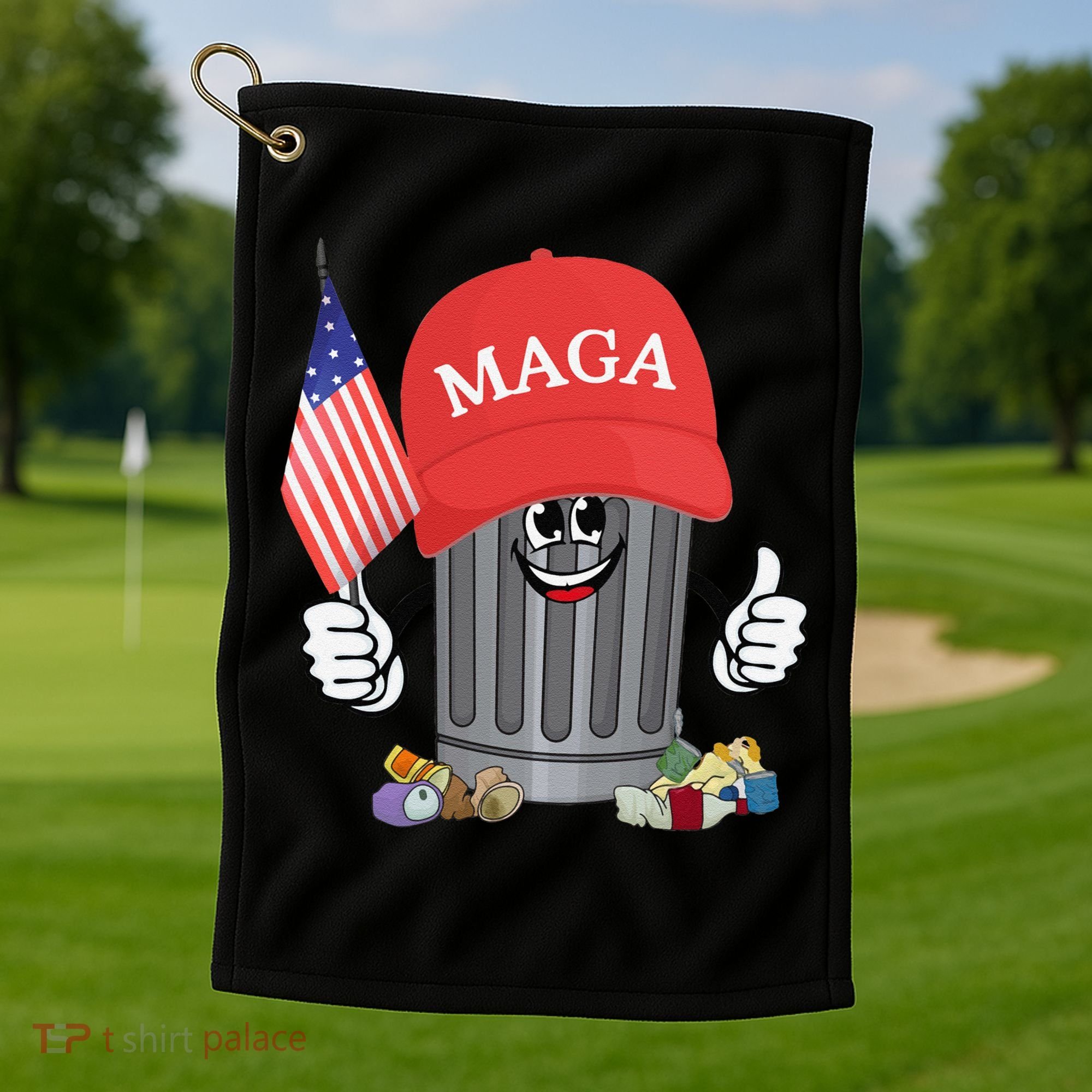 Proud Maga Garbage Trump Supporter Trash Can Cartoon Funny Gift Golf Towel